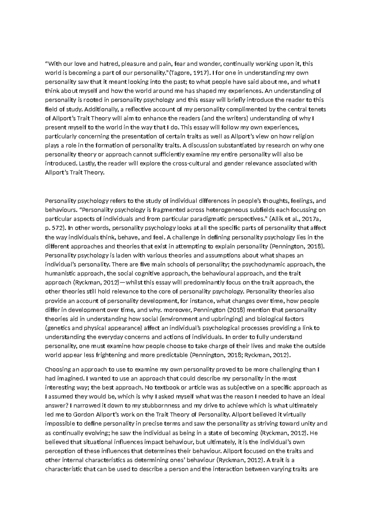 Theories of personality: A reflective essay on trait theory and self ...