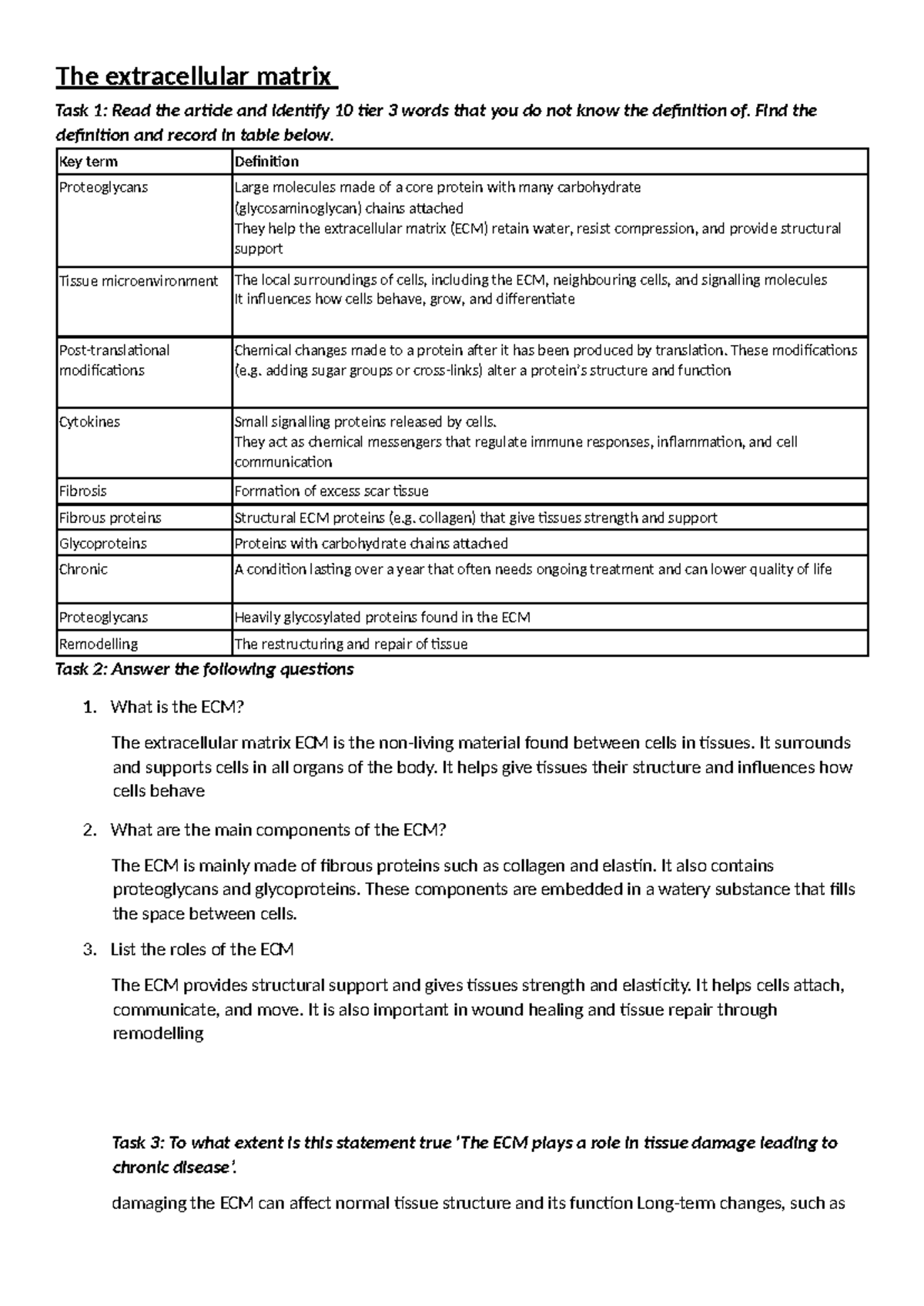 Literacy Homework Instructions: Understanding the Extracellular Matrix ...