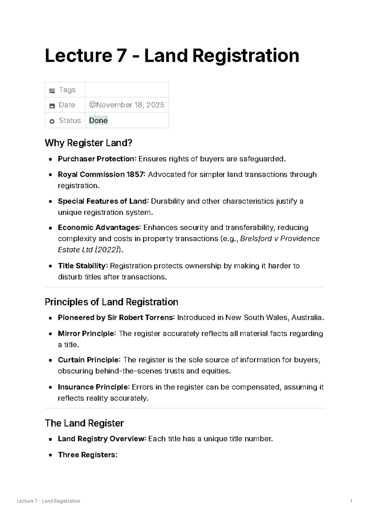 Land Law Lecture 7: Understanding Land Registration Principles - Studocu