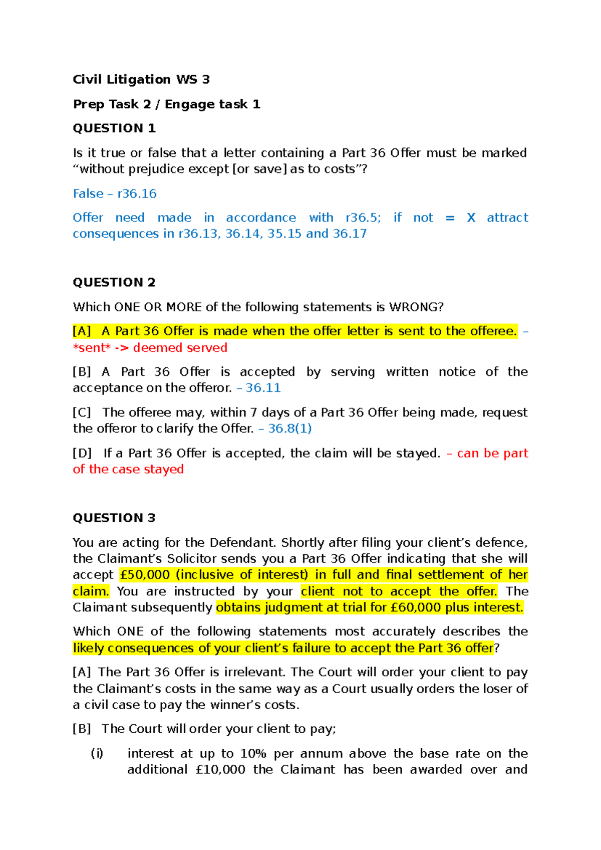 Civil Litigation WS 13 Final Exam Prep: Part 36 Offers & Consequences ...