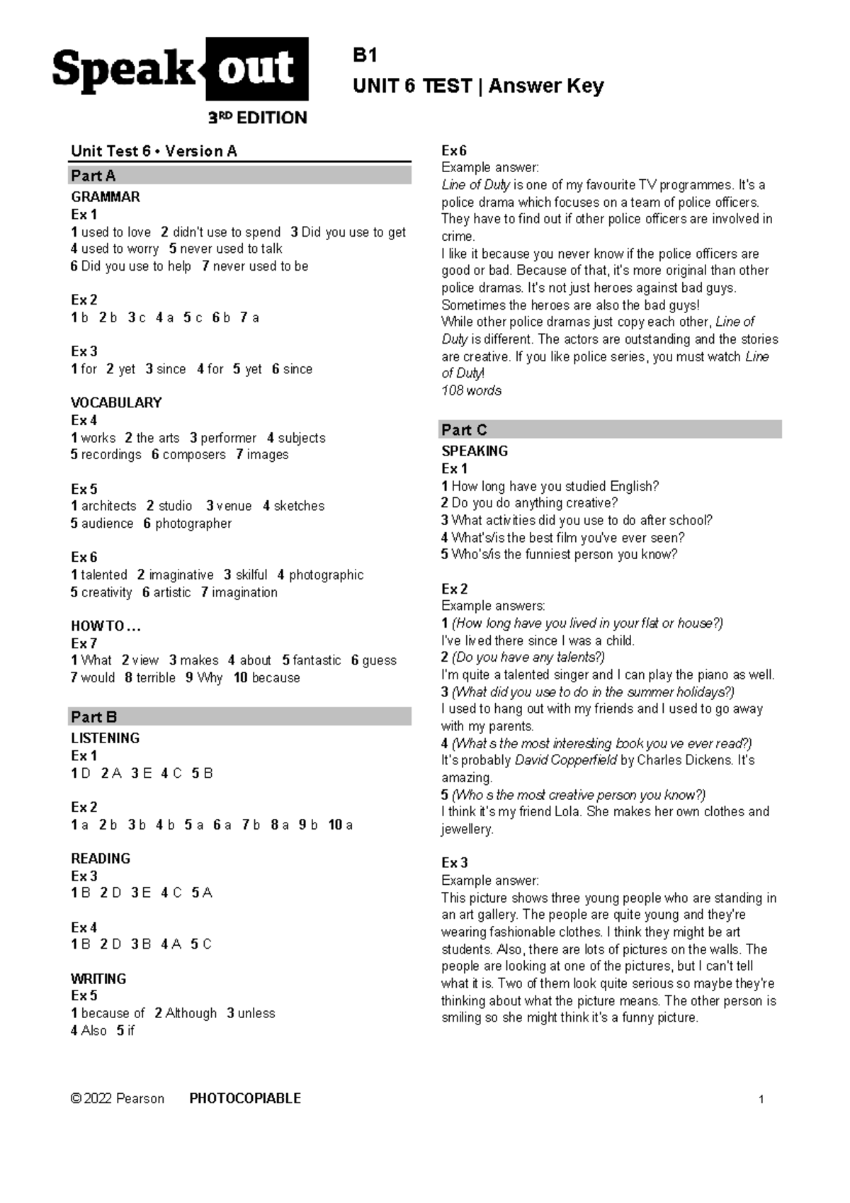 SO3 B1 Unit Test U6 Answer Key - Version A PDF - Studocu