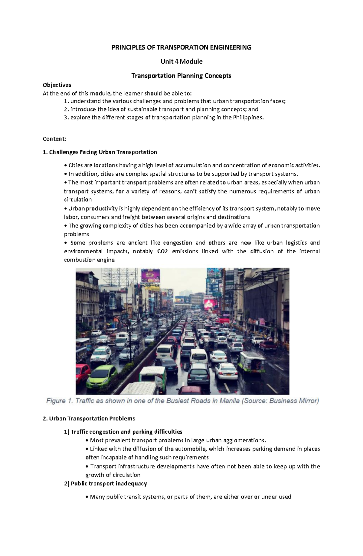 Transpo 4 - Urban Transportation Planning Concepts and Challenges - Studocu