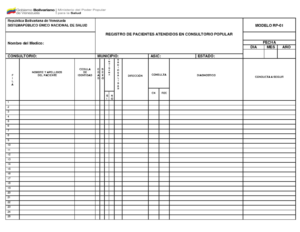 Registro de Pacientes en Consultorio Popular - Modelo RP-01 y RP-02 - Document Preview