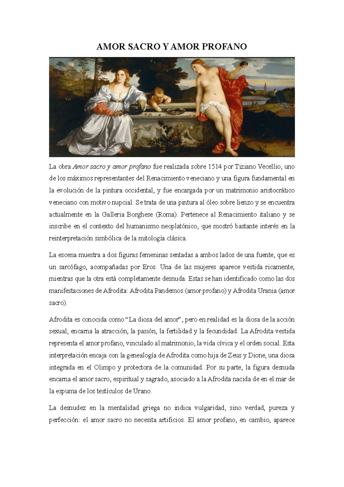 AMOR SACRO Y AMOR PROFANO: Análisis de Tiziano (1514) - Studocu