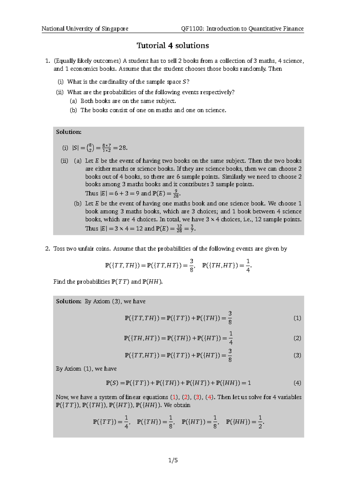 National University of Singapore QF1100: Quantitative Finance Tutorial ...