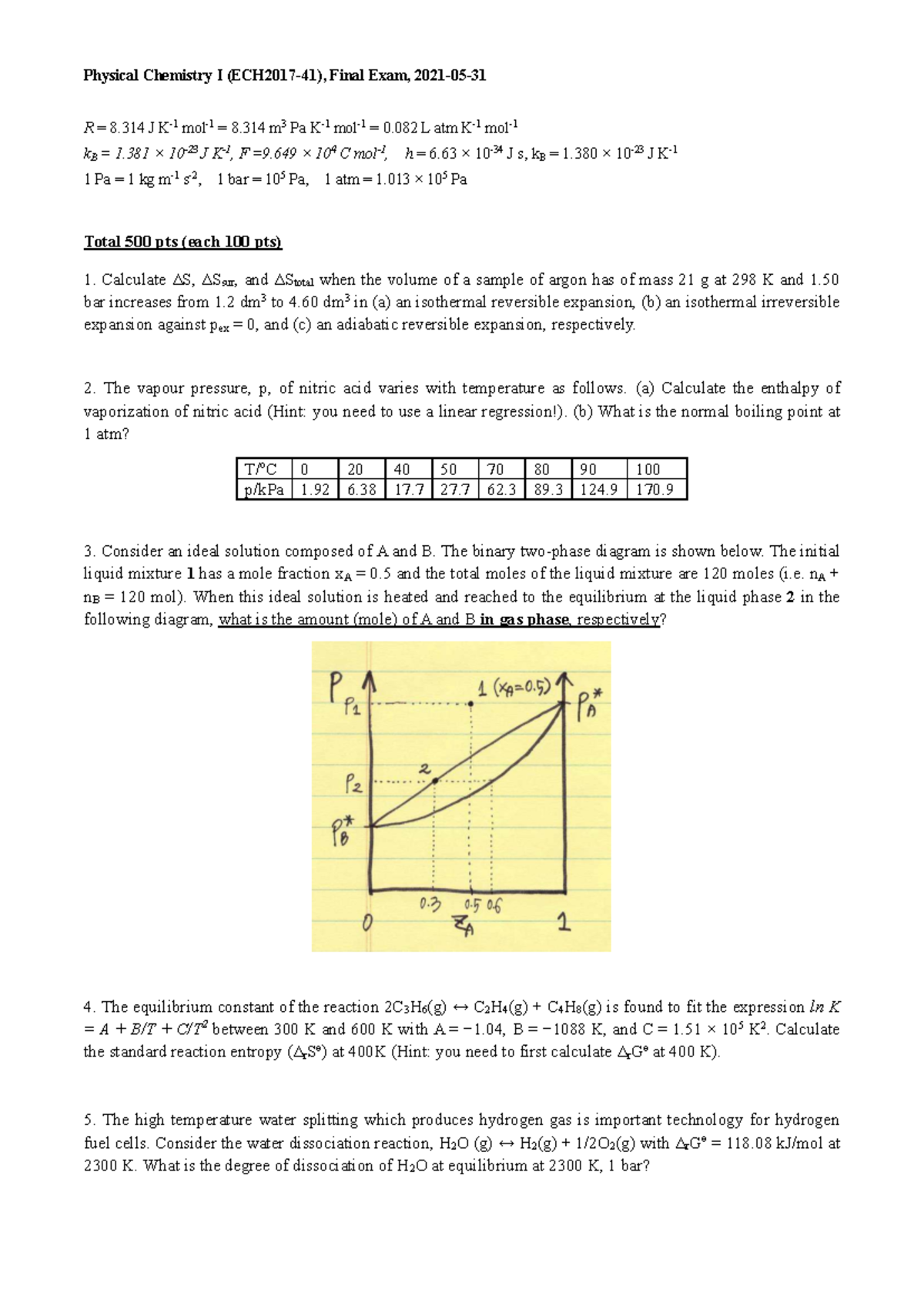 Physical chemistry I final exam study guide and solutions - Studocu