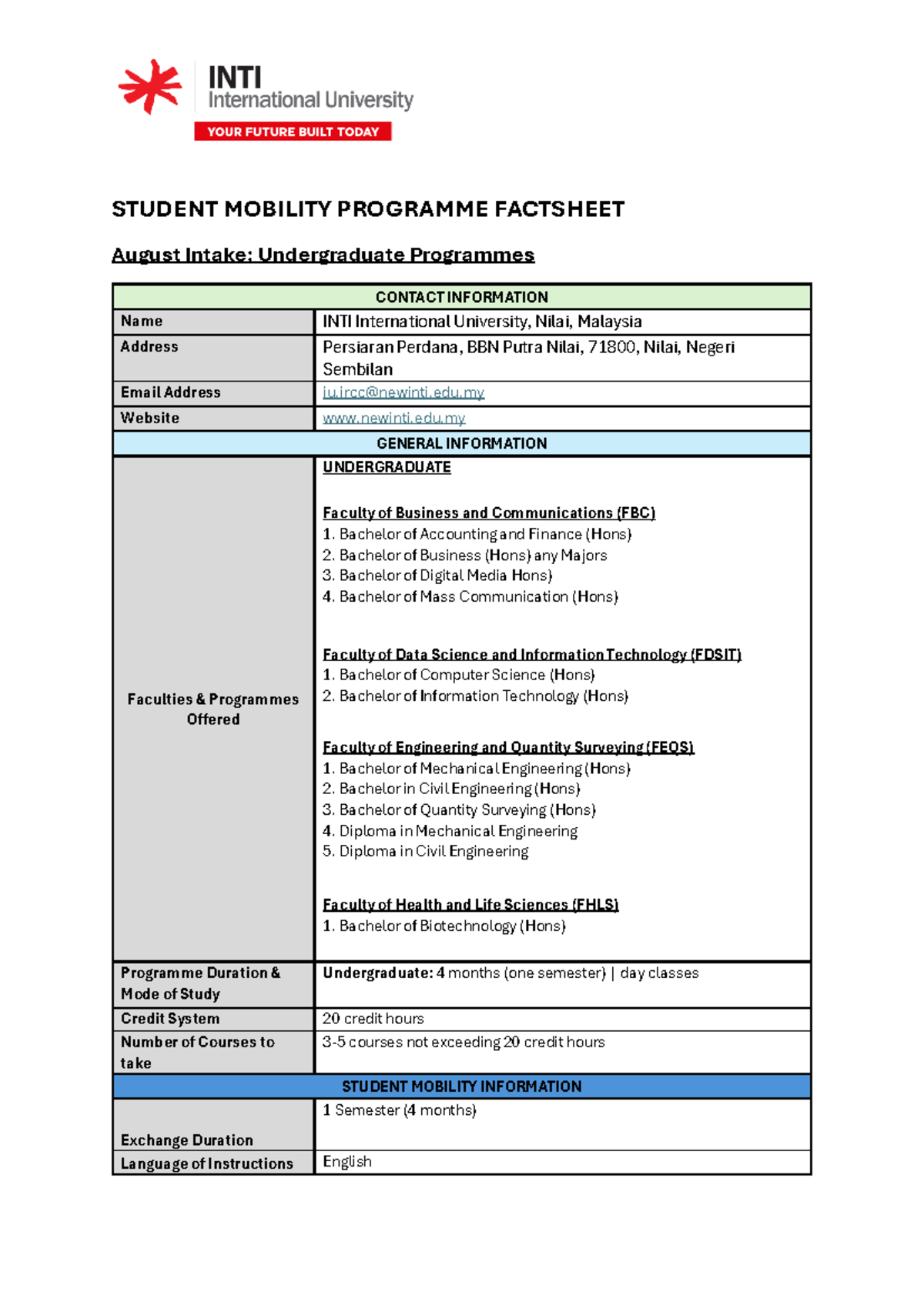 Student Mobility Programme Factsheet: August 2026 Intake - Studocu