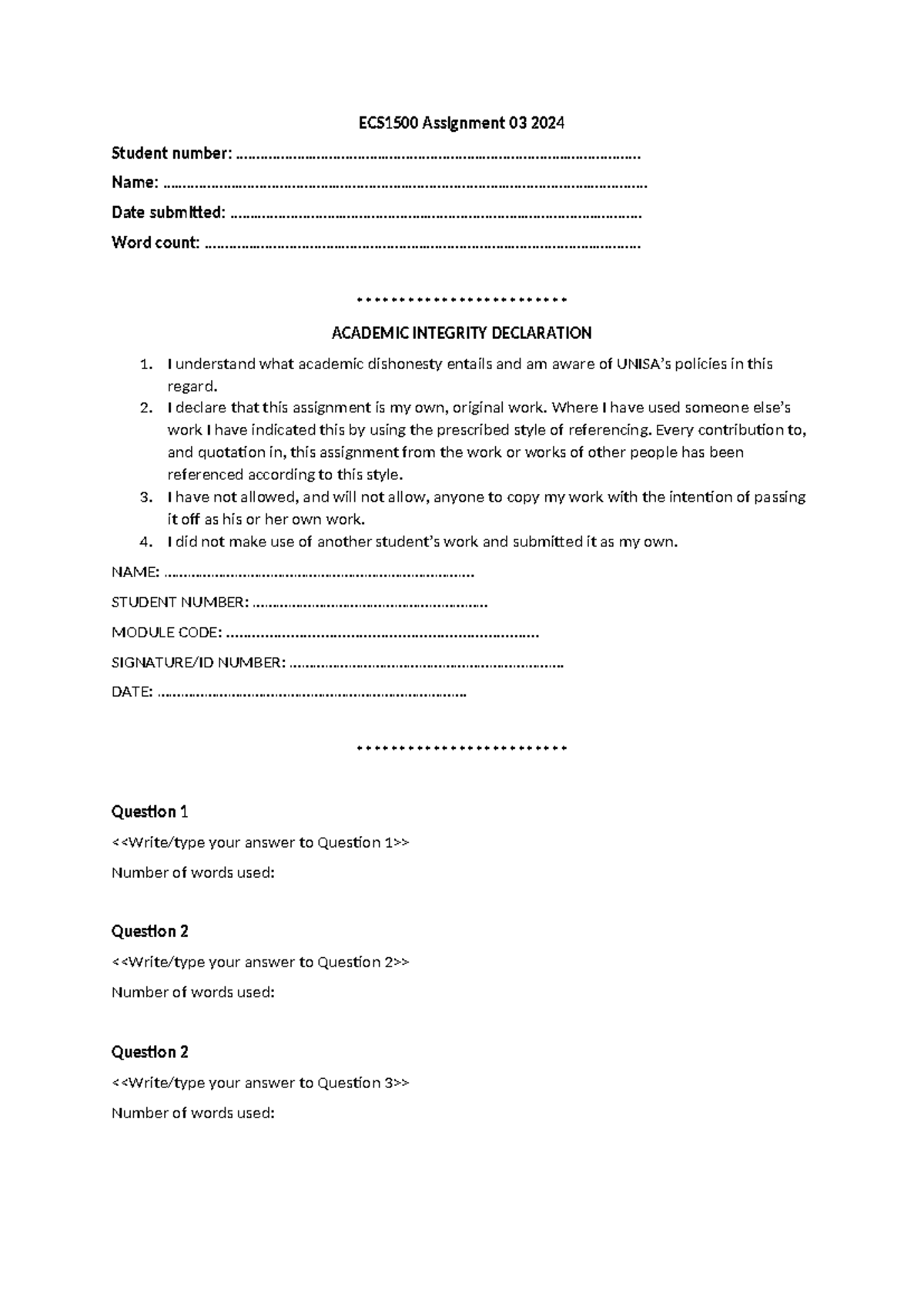 ECS1500 Assignment 03 Submission Format Guidelines 2024 - Studocu