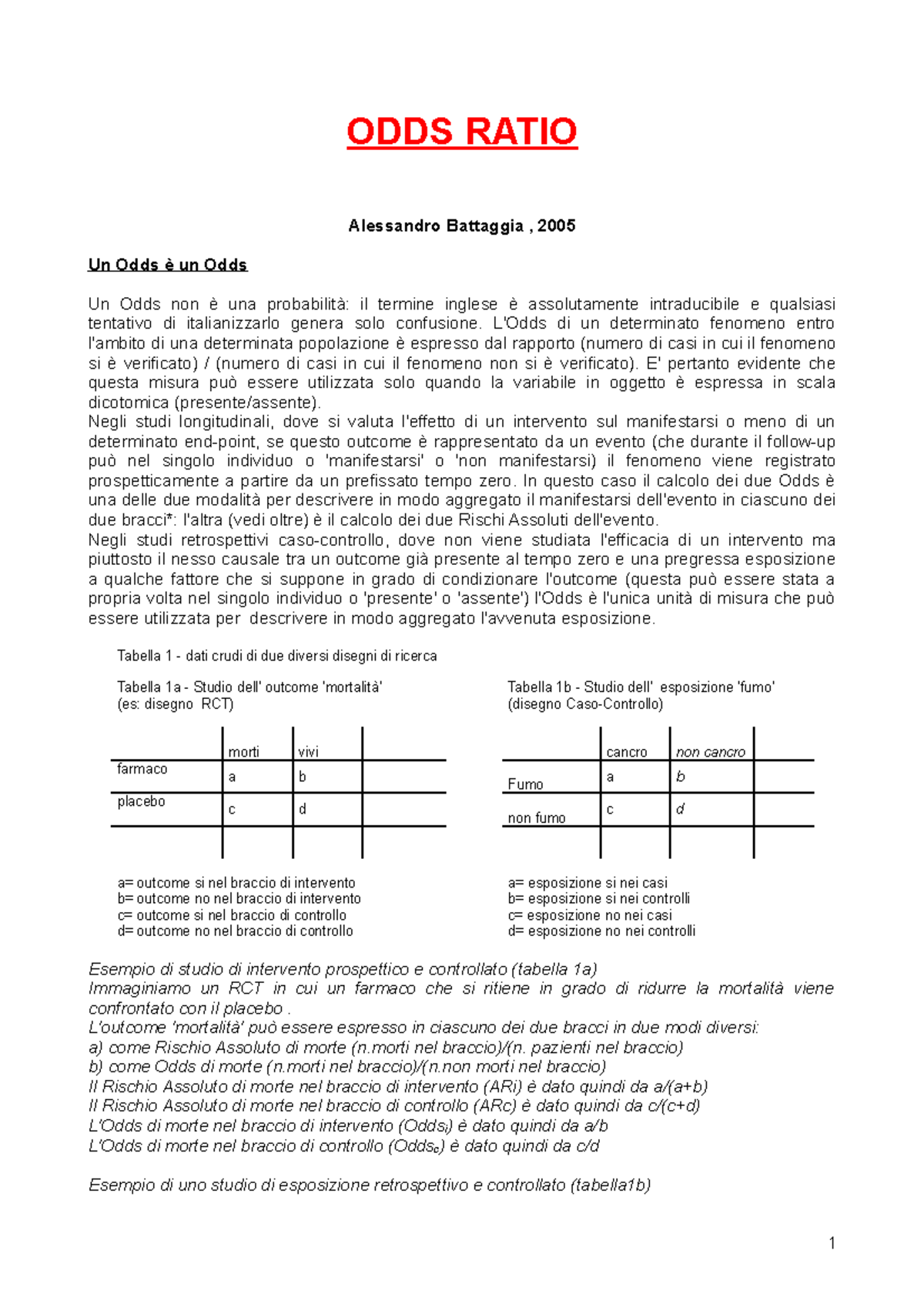 Riassunto dettagliato su Odds Ratio - Statistica e applicazione Clinica ...