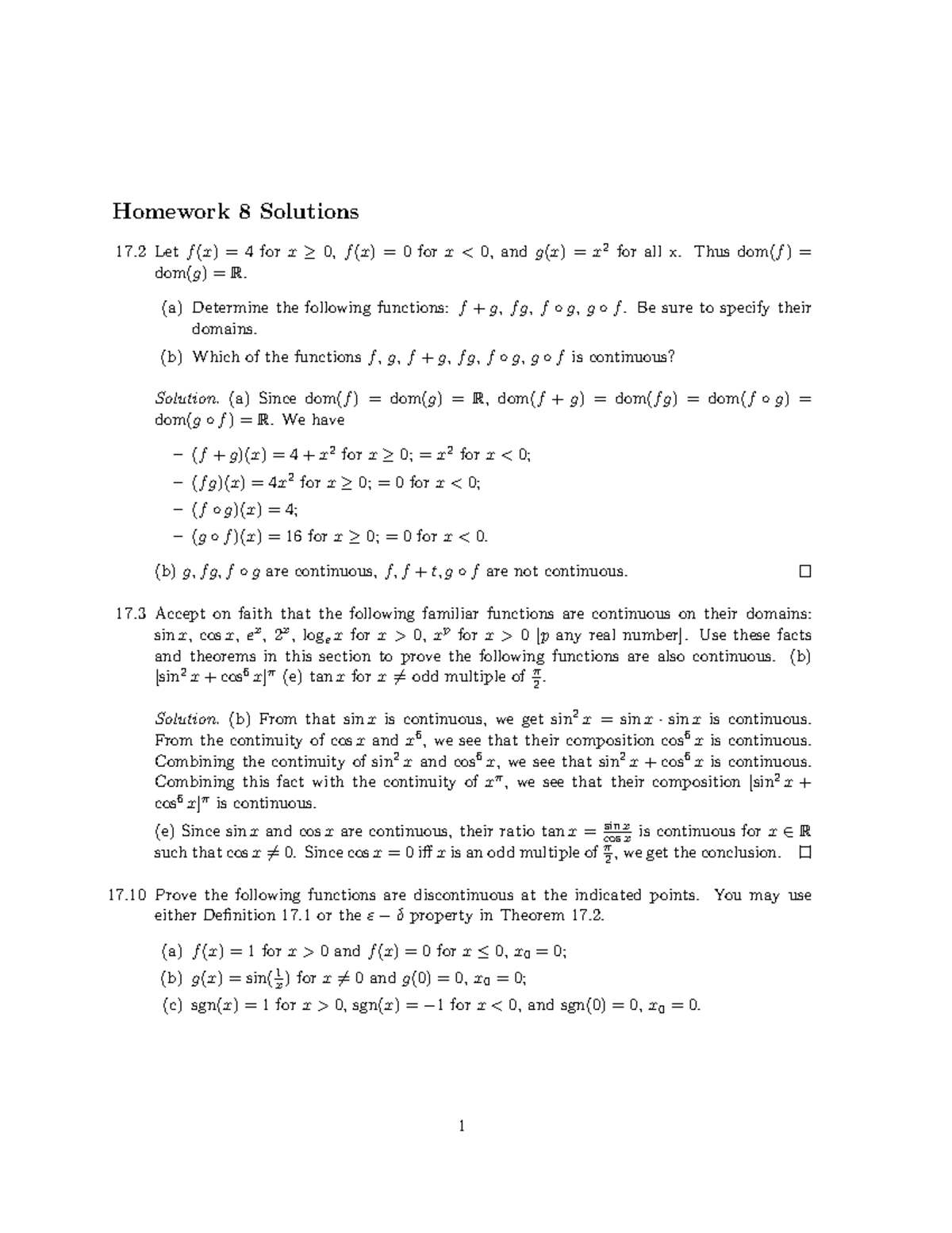 HW8 solution - mathematics - Homework 8 Solutions 17 Let f (x) = 4 for ...