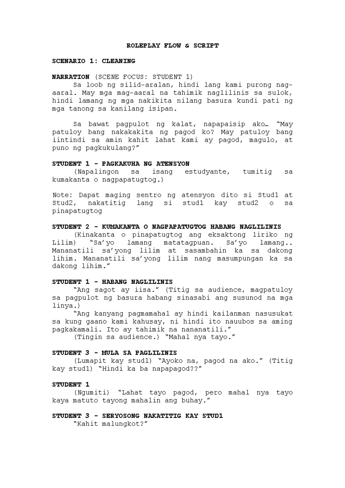 ROLEPLAY FLOW SCRIPT SCENARIO 1: CLEANING NARRATION - Studocu