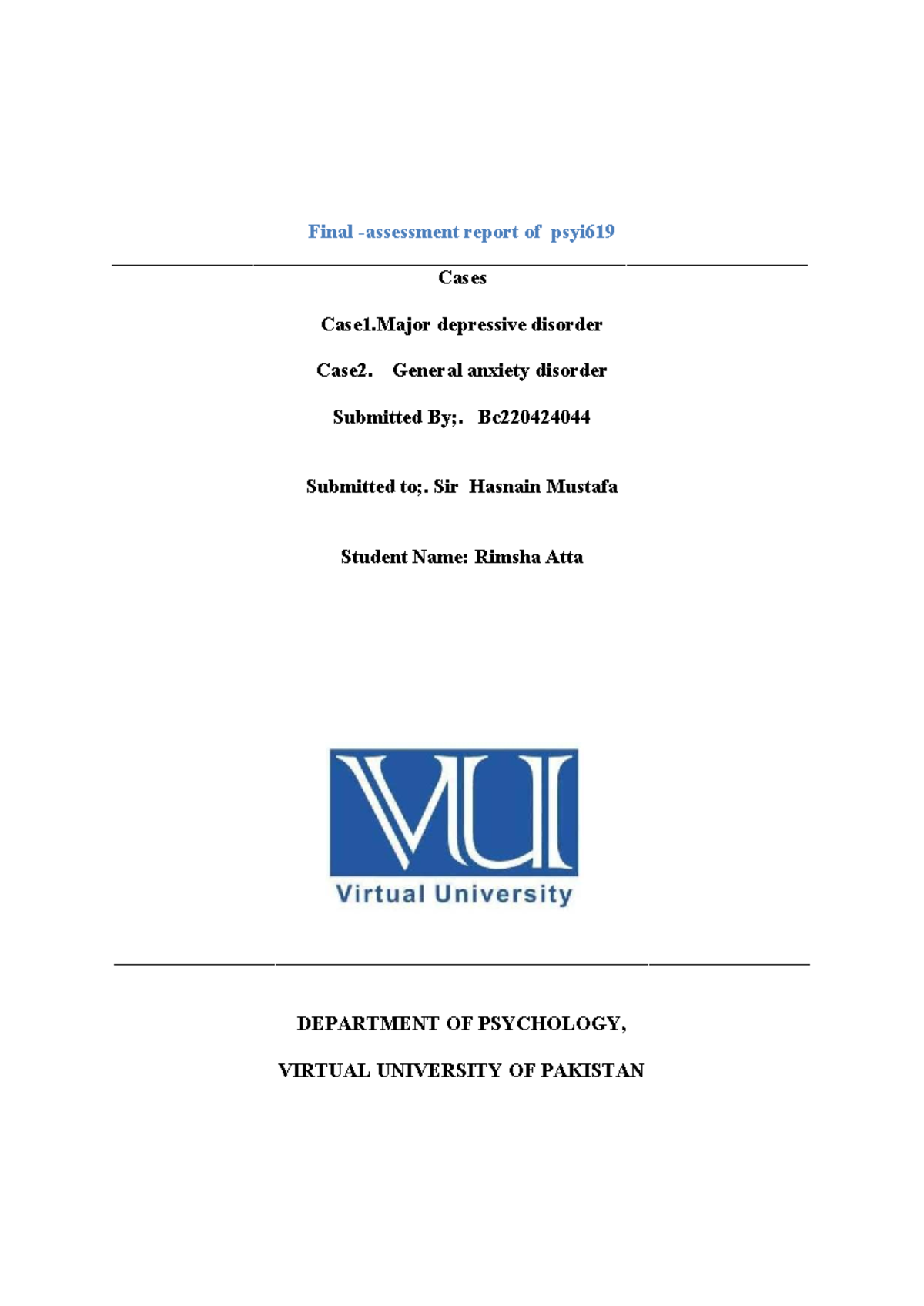 Final Internship Report on Psych Disorders Analysis PSYi-619 2024 - Studocu