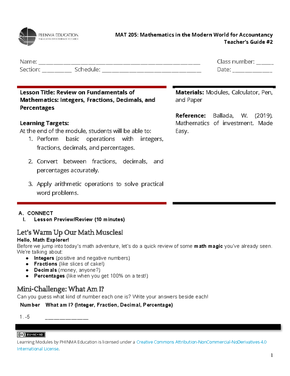 MAT 205: Review of Math Fundamentals - Integers, Fractions, Decimals ...