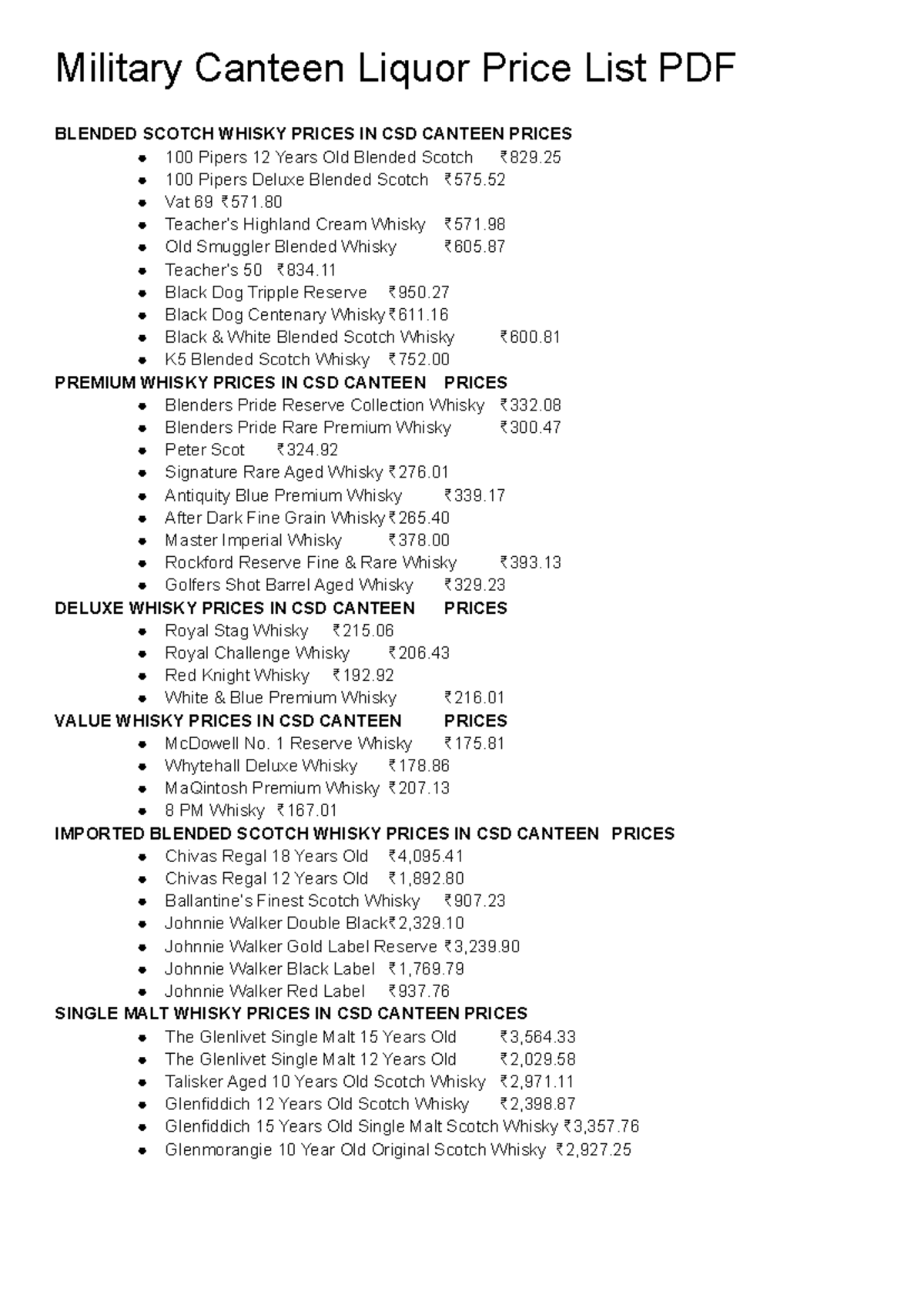 CSD Canteen: Military Liquor Price List and Whisky Options - Studocu