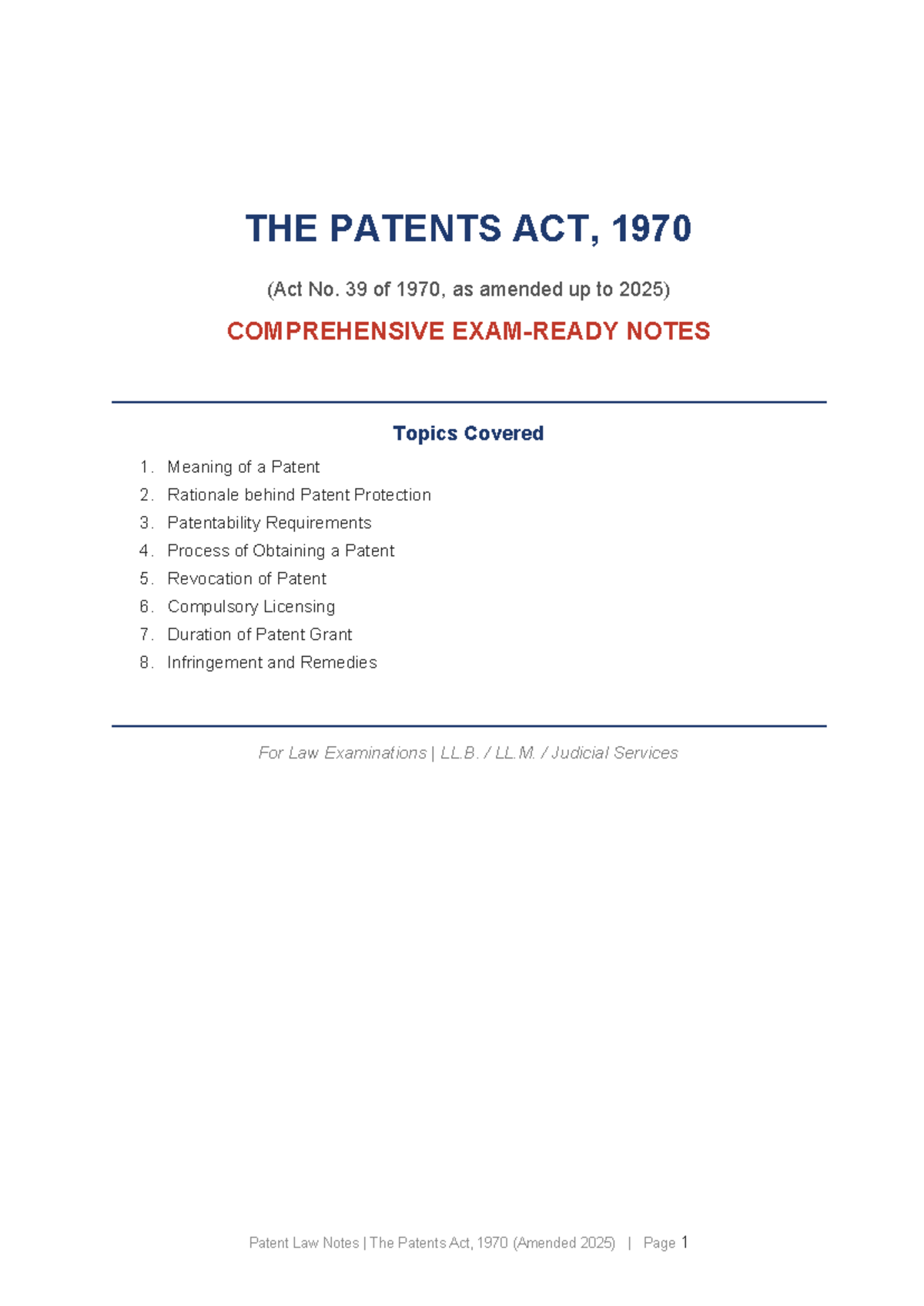Patent Law Notes: Comprehensive Overview of The Patents Act, 1970 ...