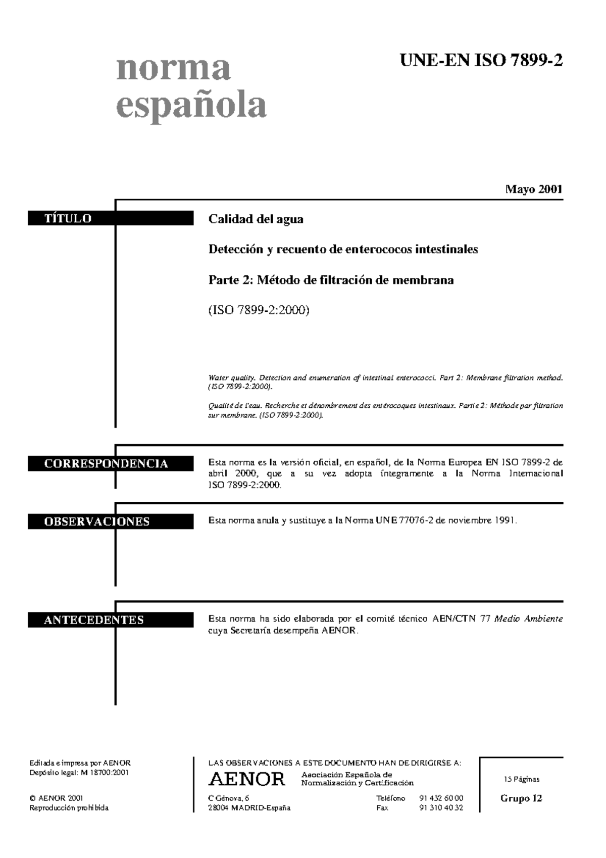 Norma UNE-EN ISO 7899-2:2001 - Detección de Enterococos en Agua - Studocu