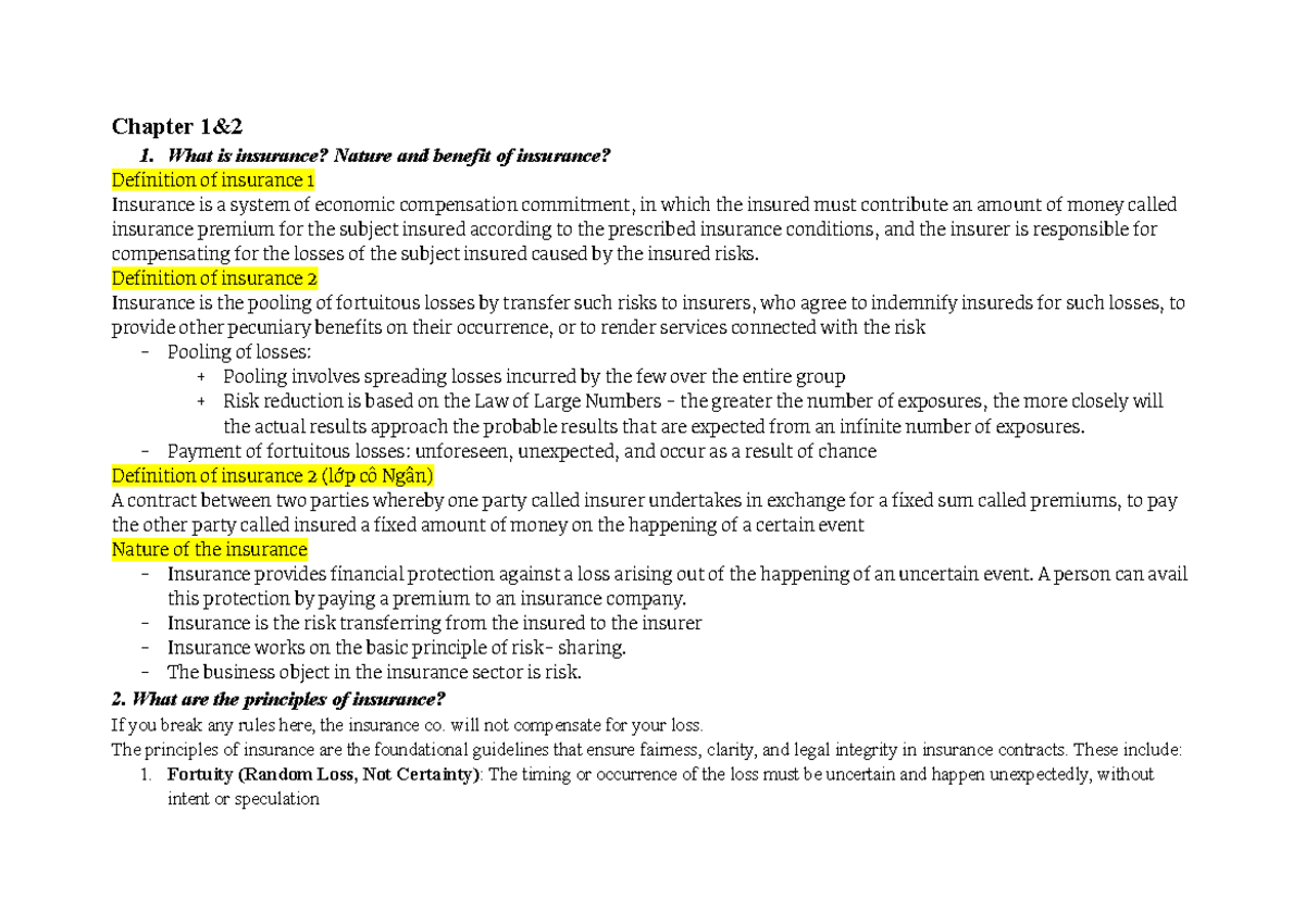 Insurance Overview and Principles (Course Code: Final Insurance) - Studocu