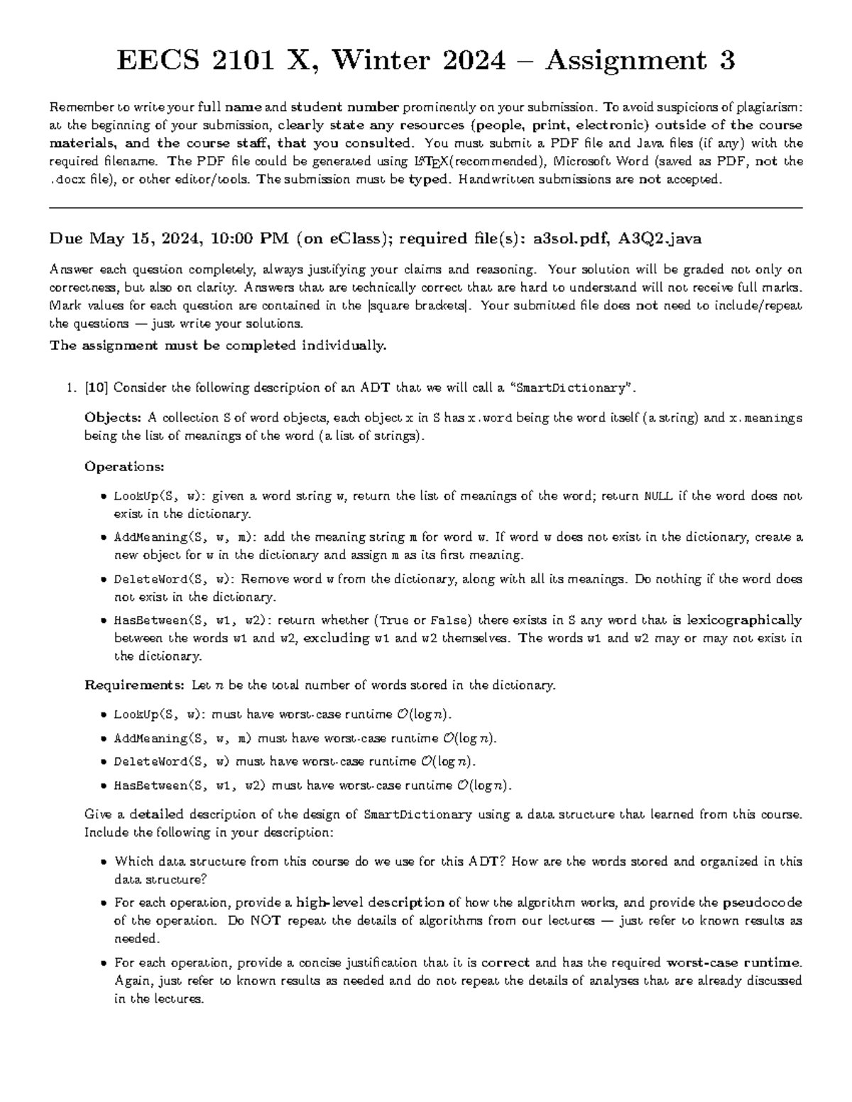 EECS 2101 X - Winter 2024 Assignment 3 Guidelines and Requirements ...