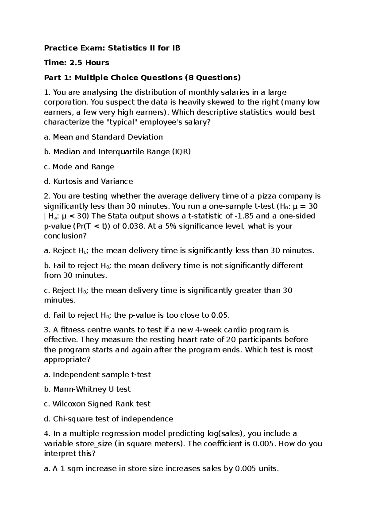 Practice Exam: Statistics II (IB) - Multiple Choice Questions - Studeersnel