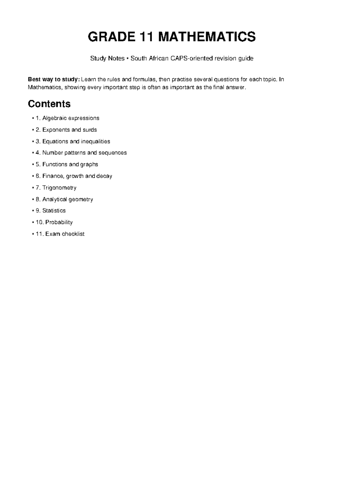 Grade 11 Mathematics Study Notes: Comprehensive Revision Guide - Studocu