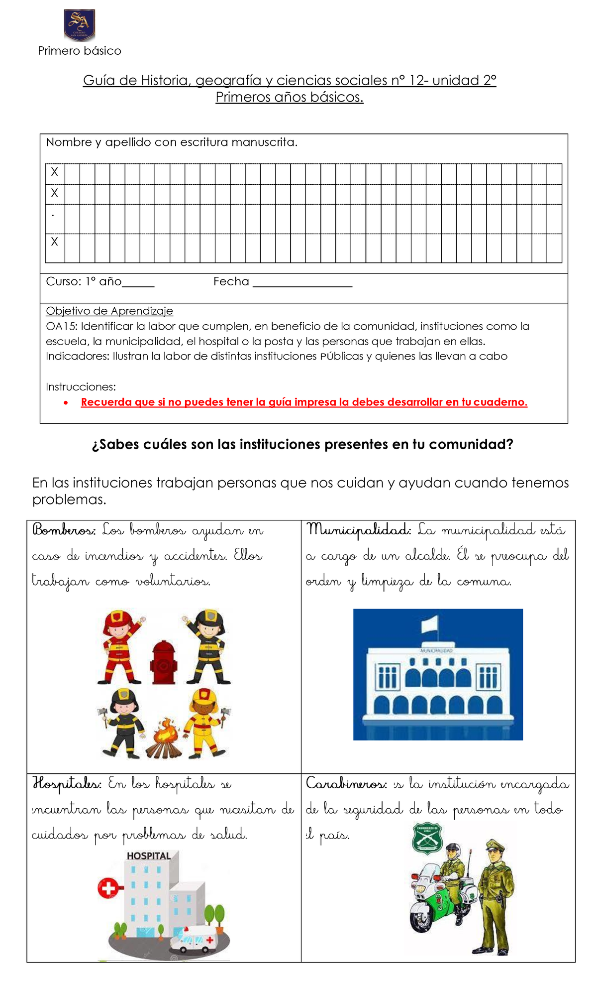 1º Básico Historia Guía Nº 12: Instituciones y Comunidad - Document Preview