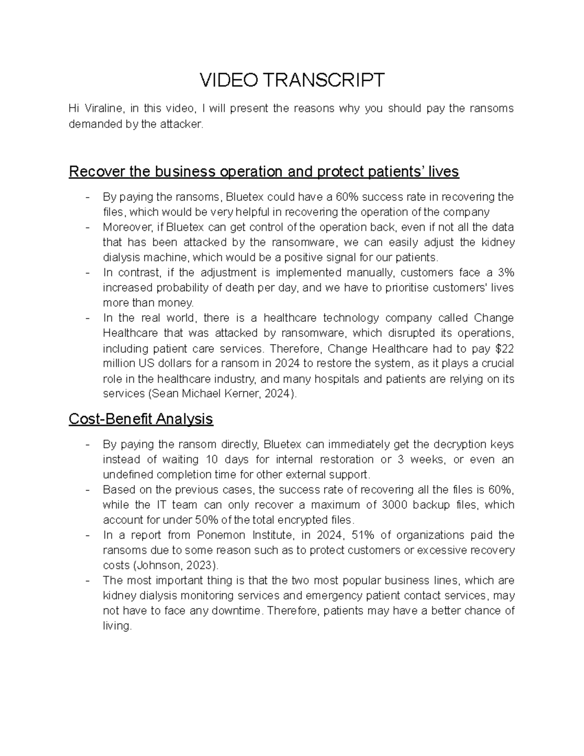 VIDEO TRANSCRIPT: Ransom Payment Justification for Bluetex Operations ...