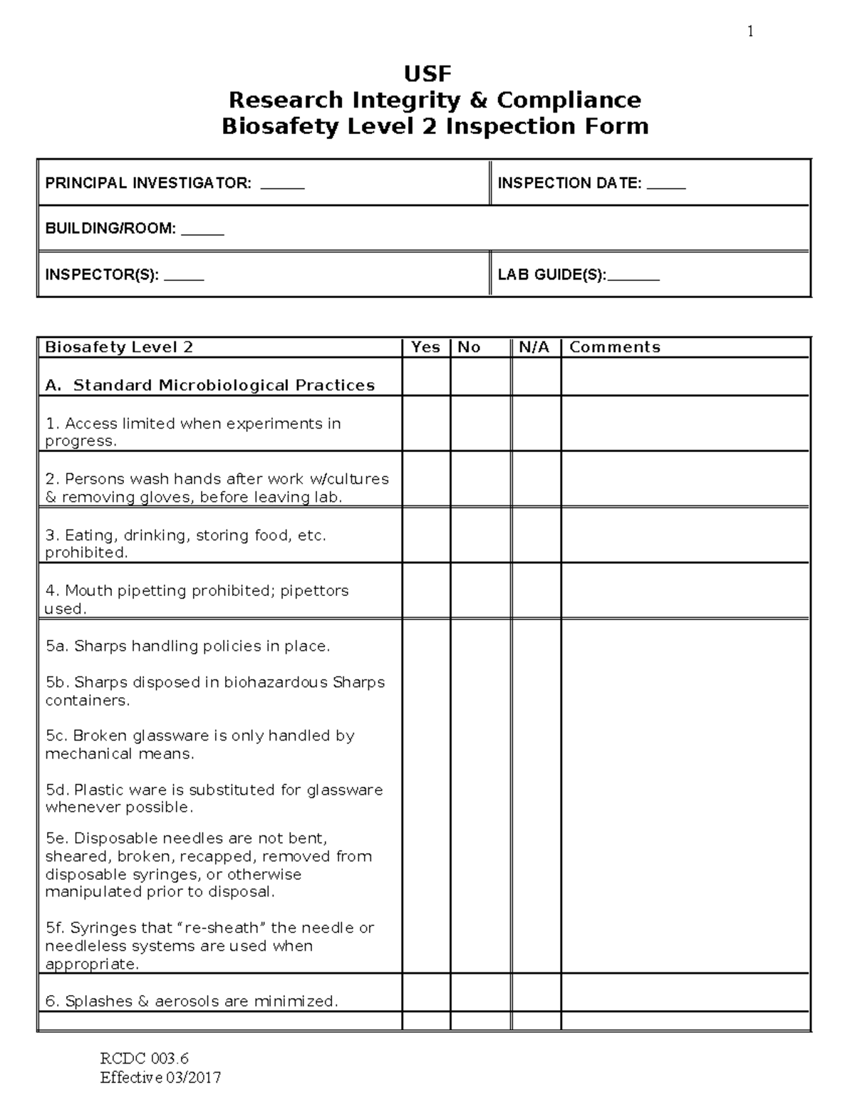 Bsl-2-checklist - Checklist needed for biosfety - USF Research ...
