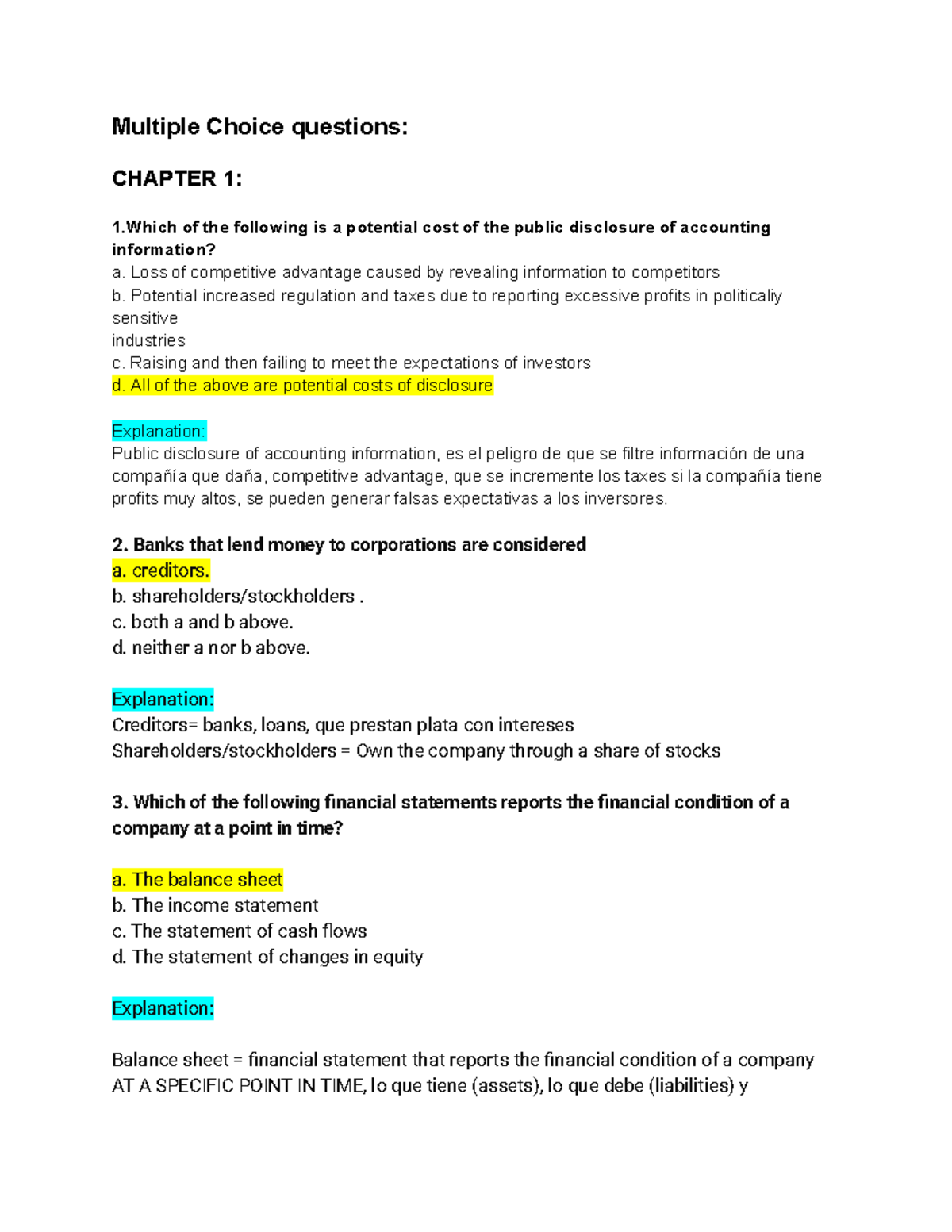 Financial Reporting Exercises: Multiple Choice Questions for Chapters 1 ...