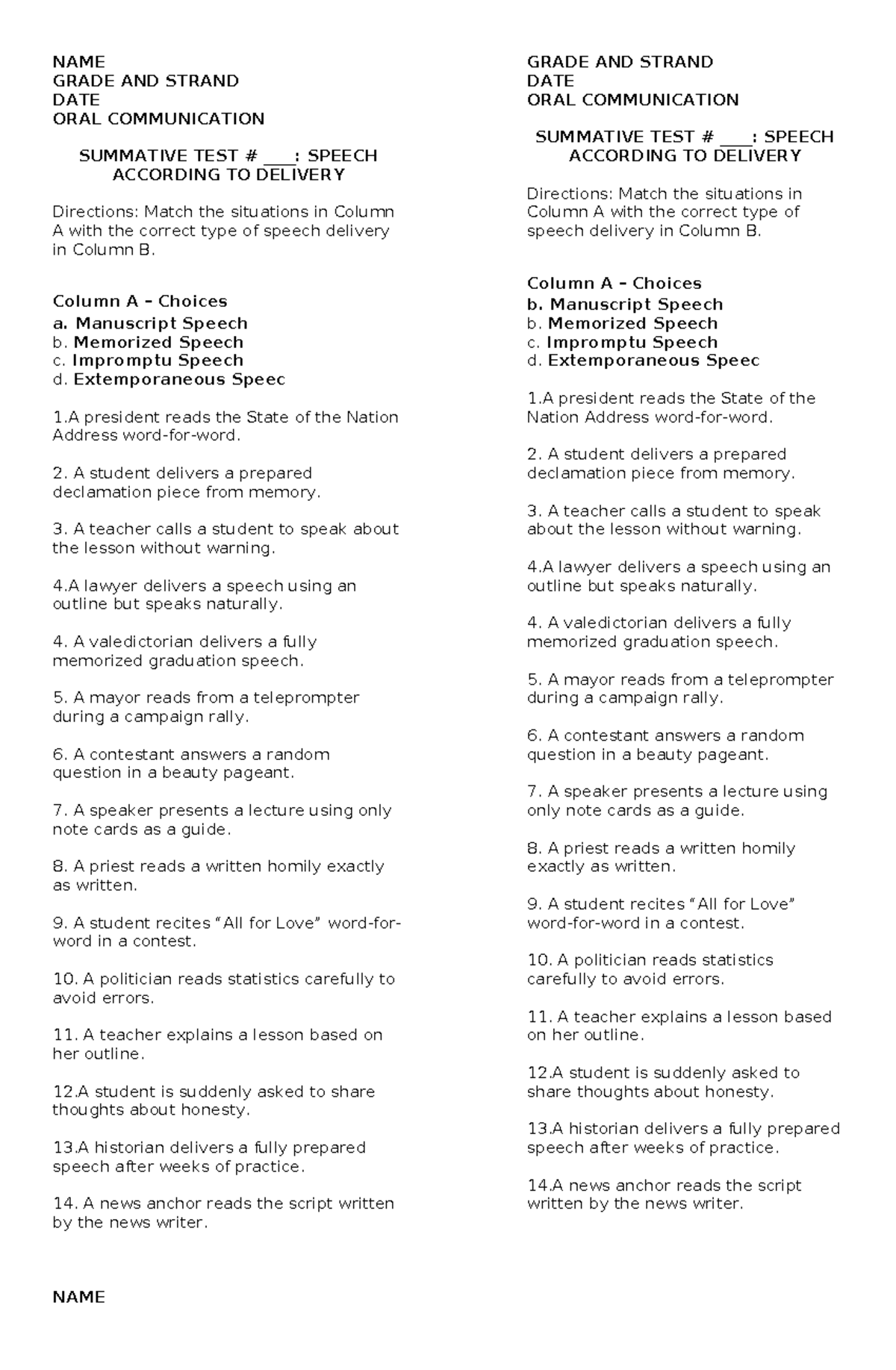 Oral Communication Summative Test: Speech Delivery Types - Studocu