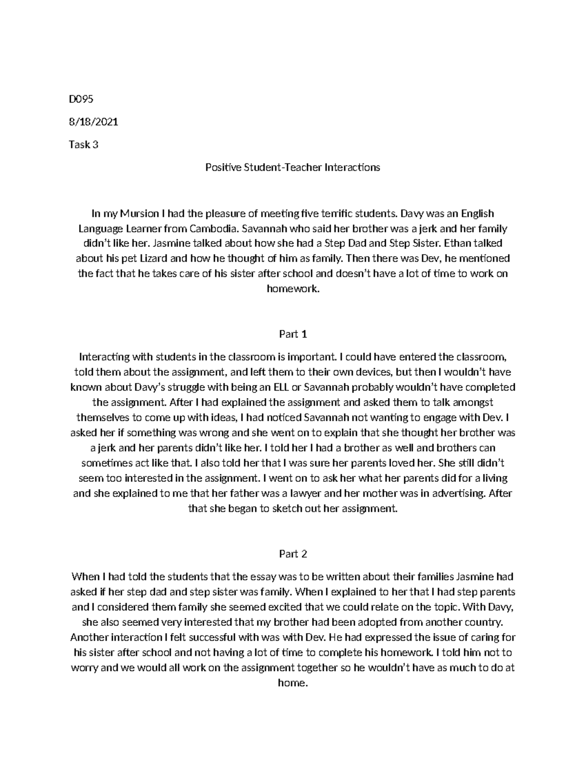 D095 Task 3: Positive Student Interactions in Mursion Classroom - Studocu