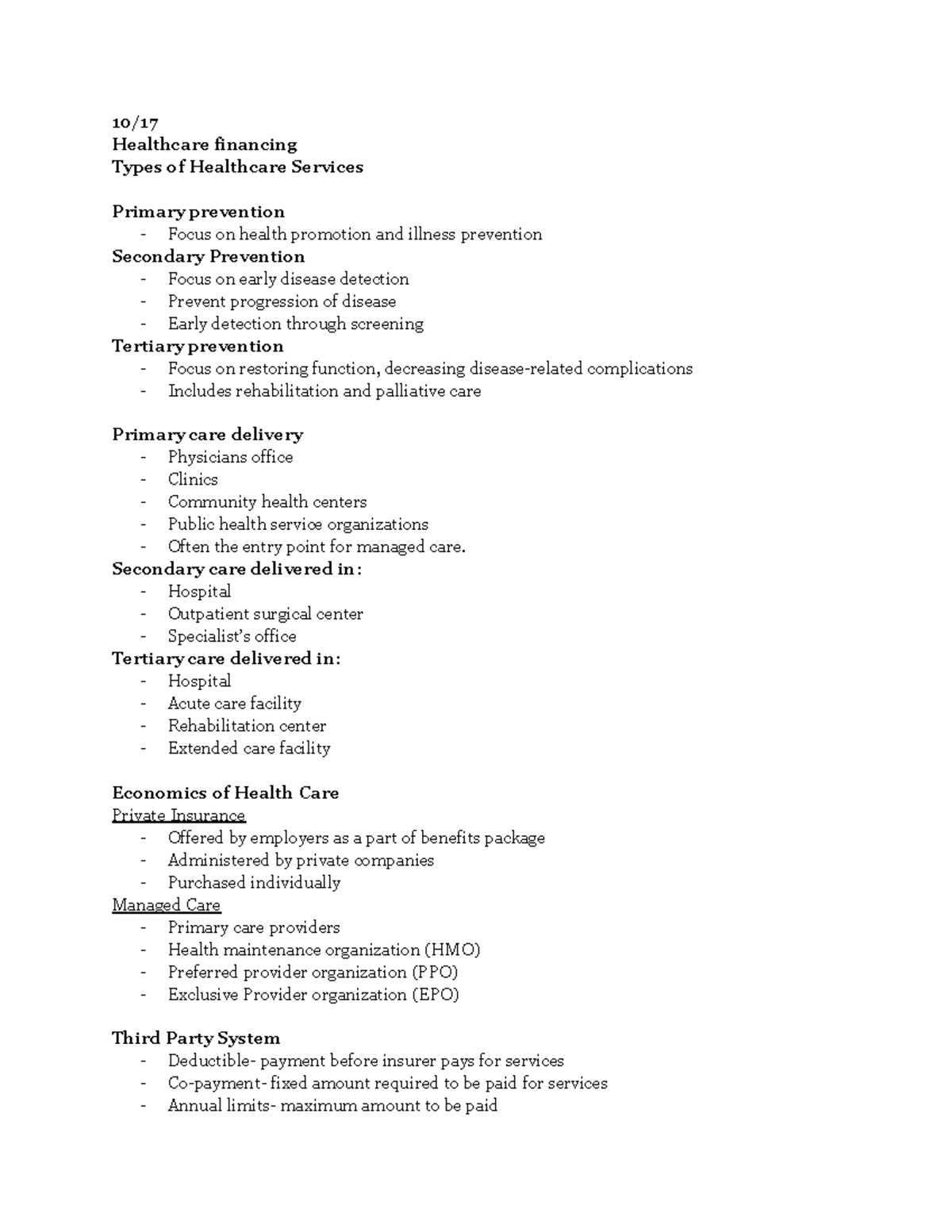 Nursing Lecture 6: Healthcare Financing & Service Types Overview - Studocu