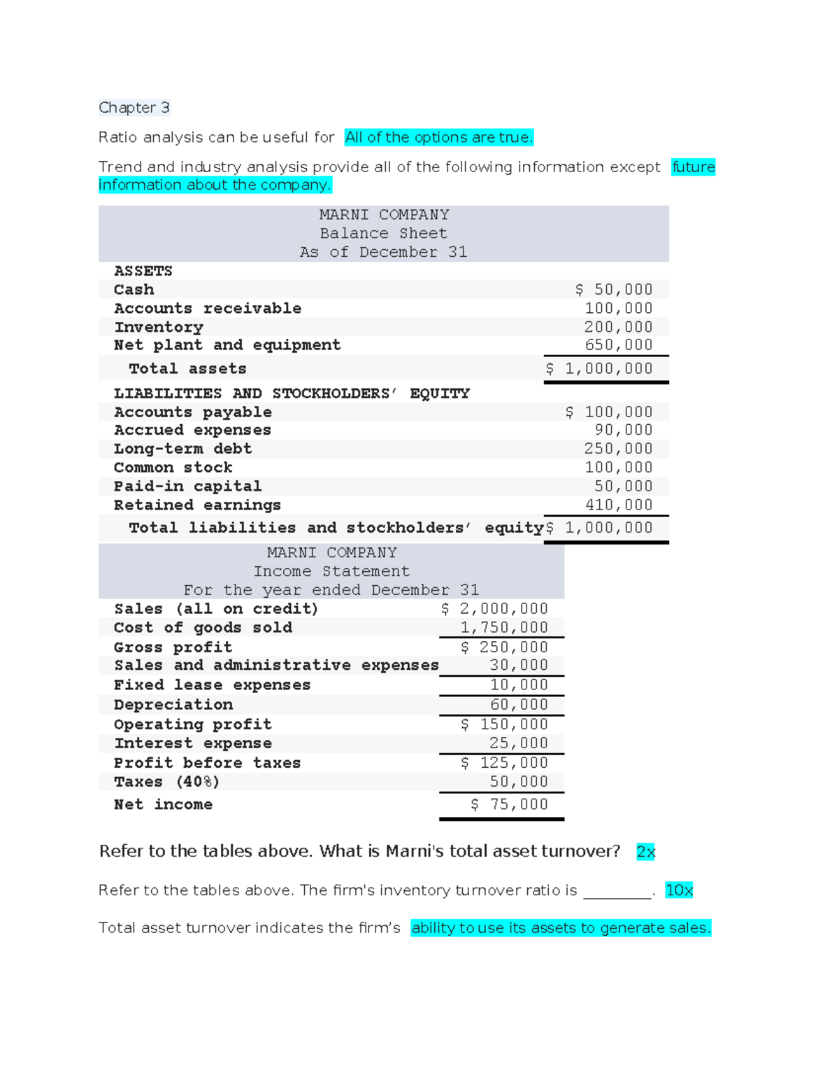 Fin 123 - Chapter 3 Q&A: Ratio Analysis & Financial Statements Insights ...