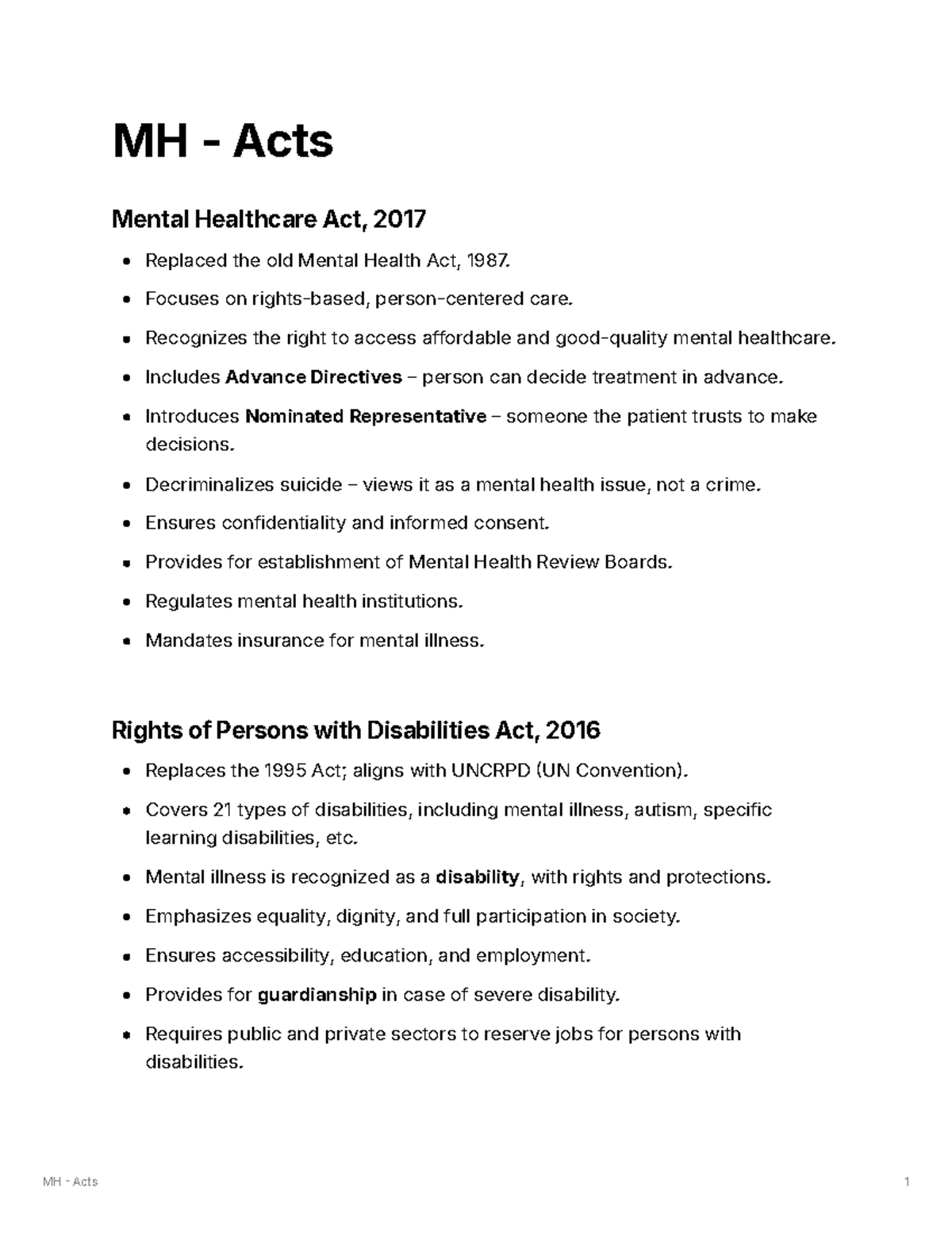 MH Acts Overview: Mental Healthcare, Rights, and Protections - Studocu
