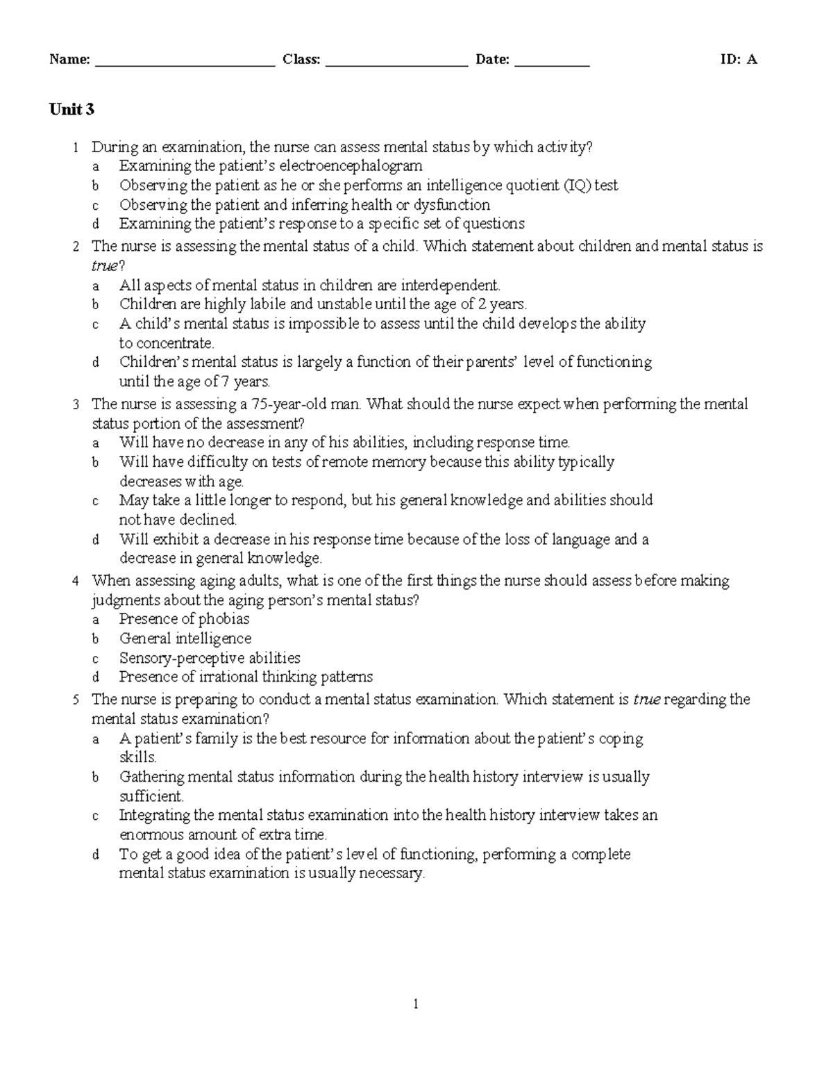Unit 3 Practice Questions: Mental Status Assessment and Neurological ...