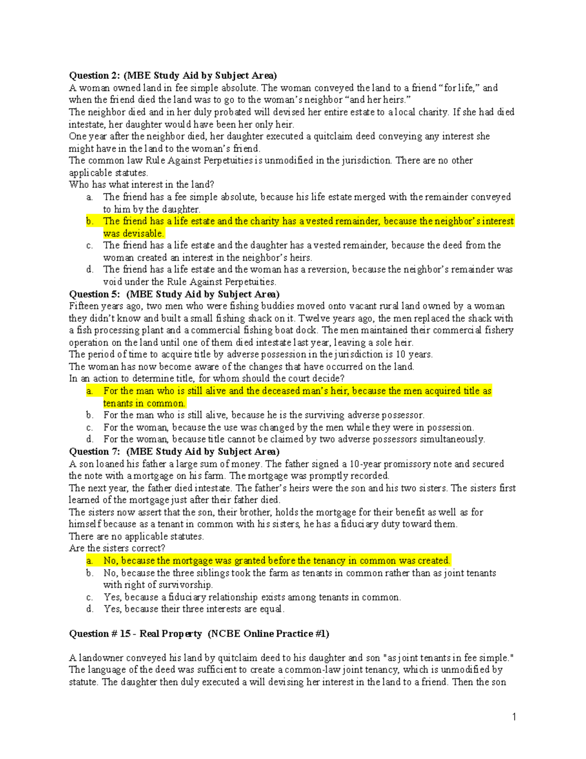 Real Property (MBE) Multiple Choice Practice Questions and Answers ...