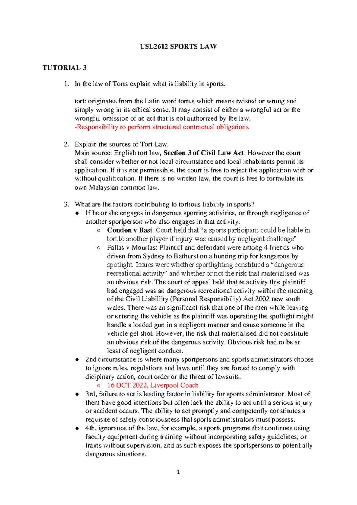 USL2612 Tutorial 3: Exploring Liability in Sports Law - Studocu