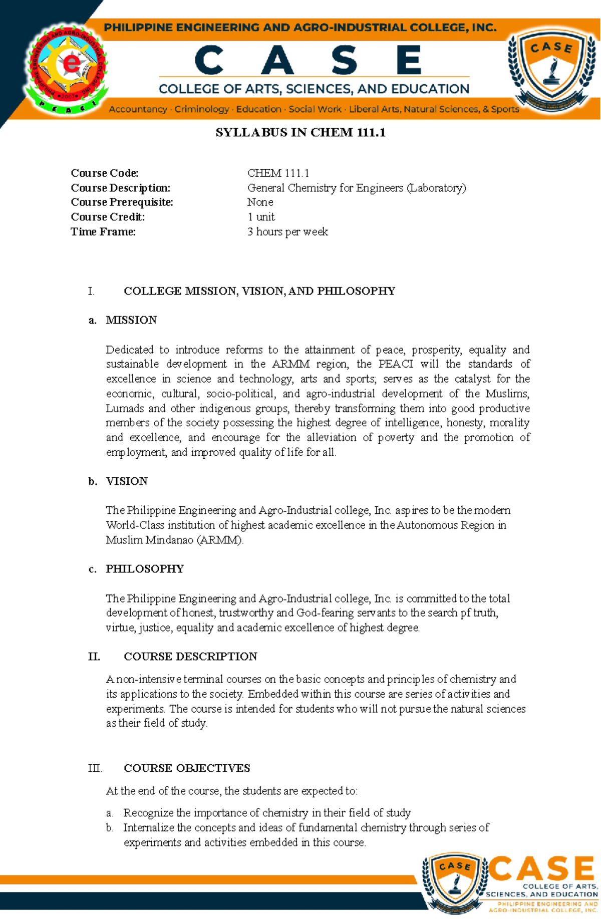 CHEM 101 - General Chemistry for Engineers Lab Syllabus - Studocu