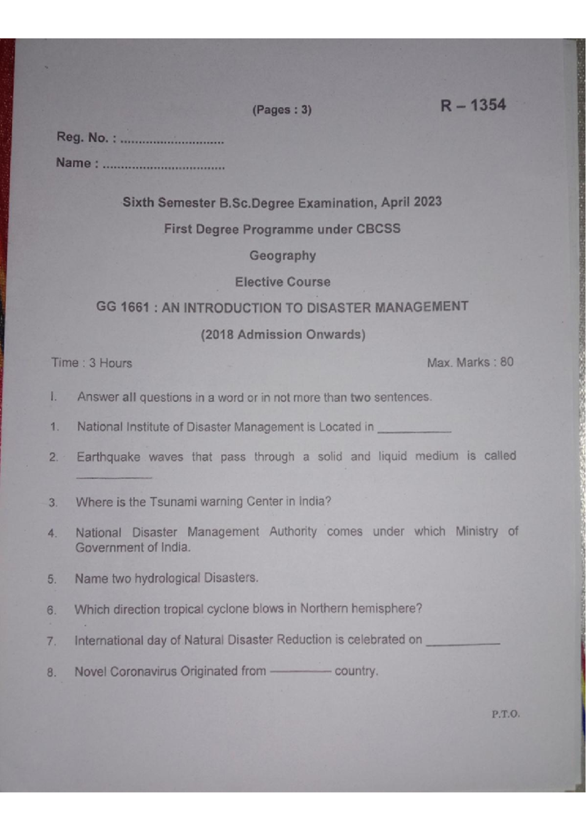 Disaster management previous year questions for GG 1661 - Studocu