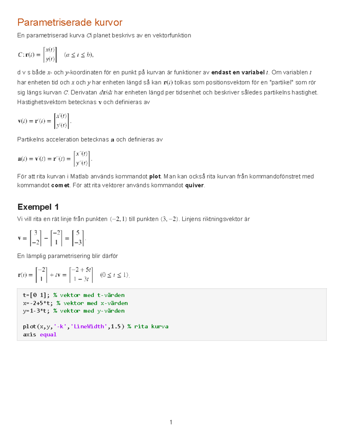 Parametriserade Kurvor: En Guide till Vektorfunktioner och Matlab - Studocu