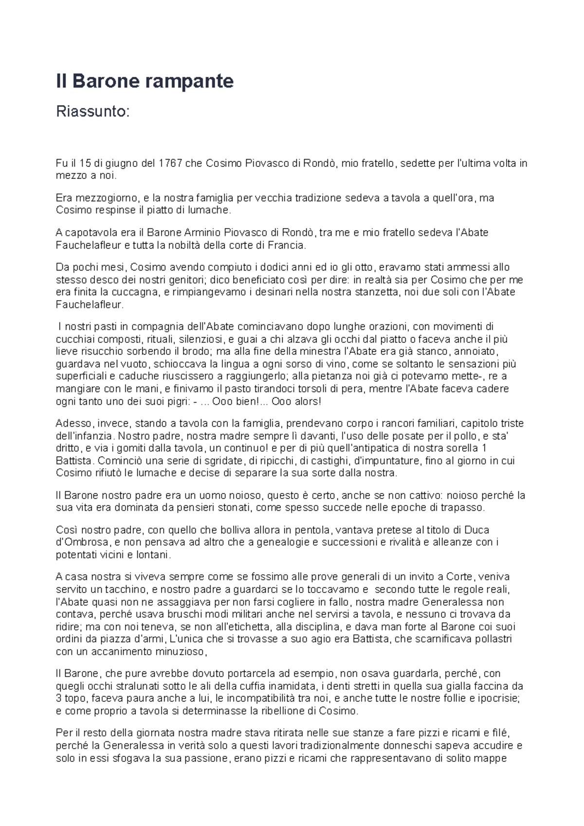 Il Barone Rampante 1 - Riassunto dettagliato dei capitoli - Studocu