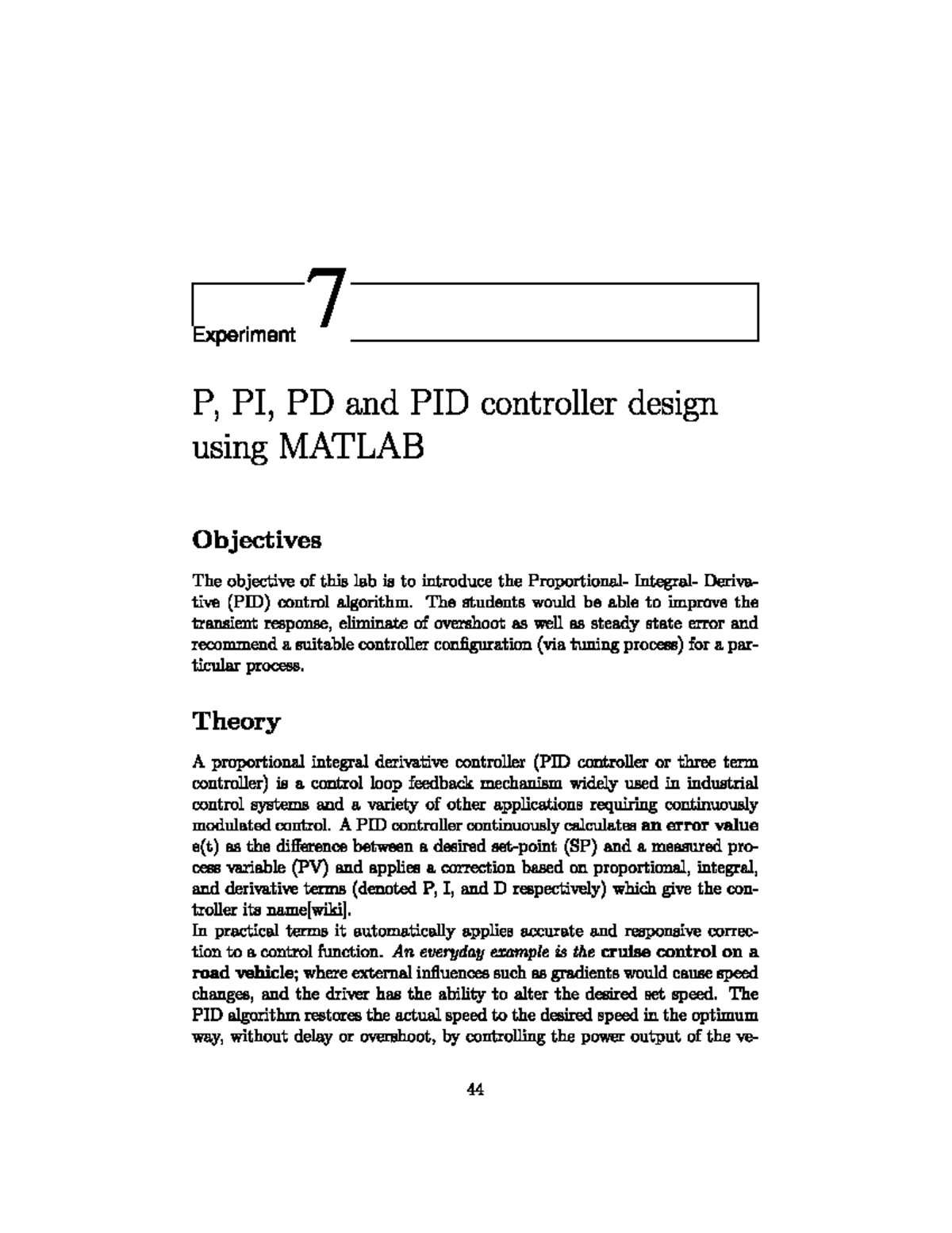 LCS 7th Lab Manual: PID Controller Design & MATLAB Implementation - Studocu