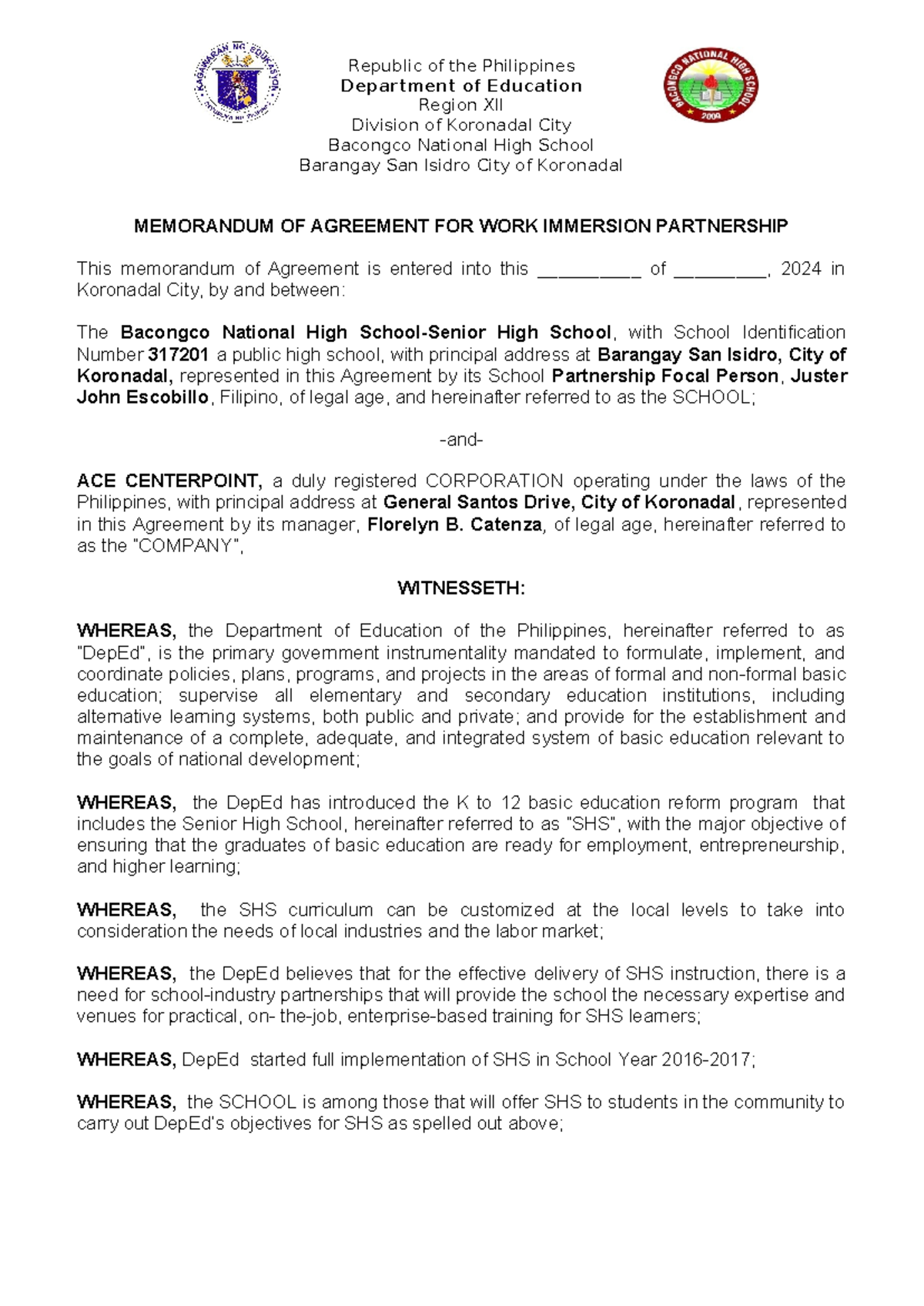 MOA for Work Immersion Partnership: Bacongco NHS & ACE Corp. - Studocu