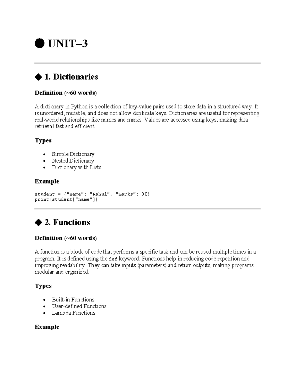 Python Unit 3 & 4: Dictionaries, Functions, and File Handling Overview ...