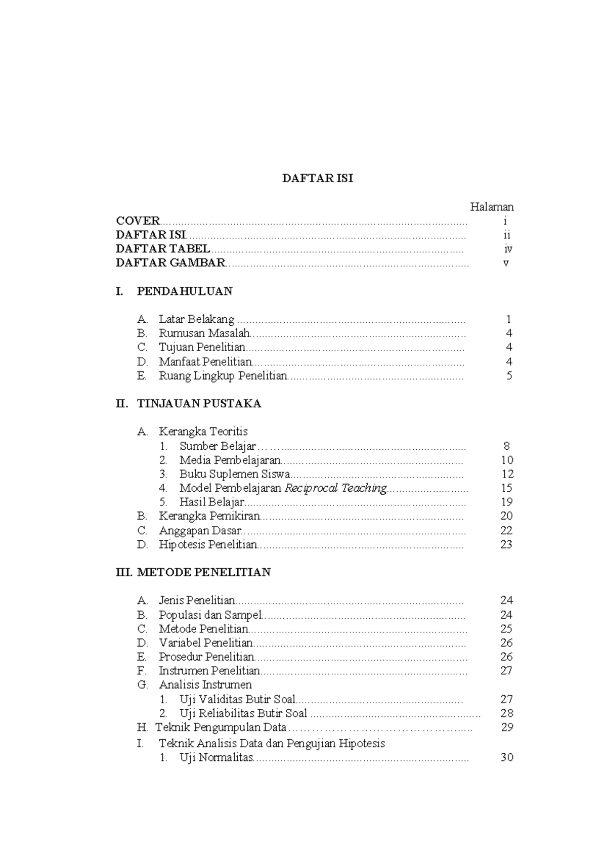 DAFTAR ISI - Pengaruh Metode Reciprocal Teaching Terhadap Hasil Belajar ...