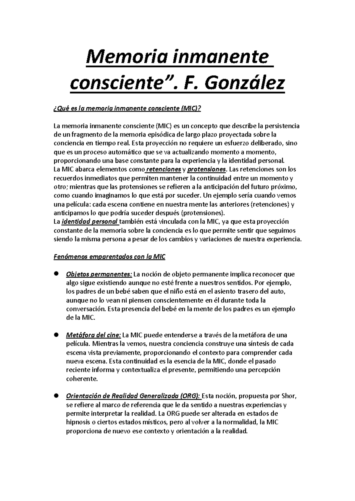 “Memoria inmanente consciente”. F. González - Memoria inmanente ...