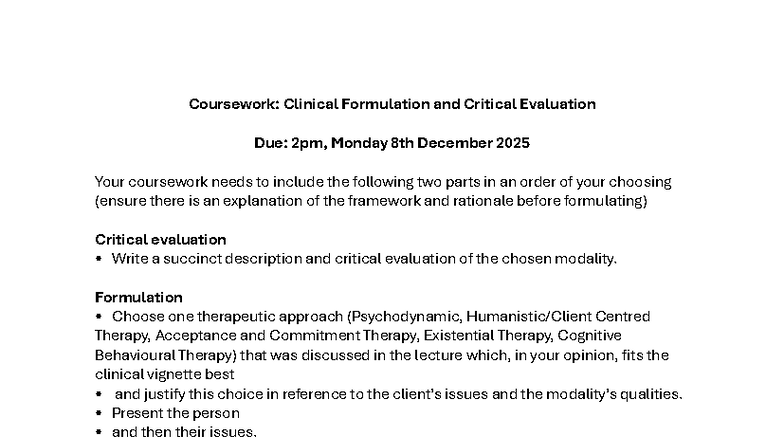Clinical Formulation & Evaluation: Efficacy in Practice (Coursework ...