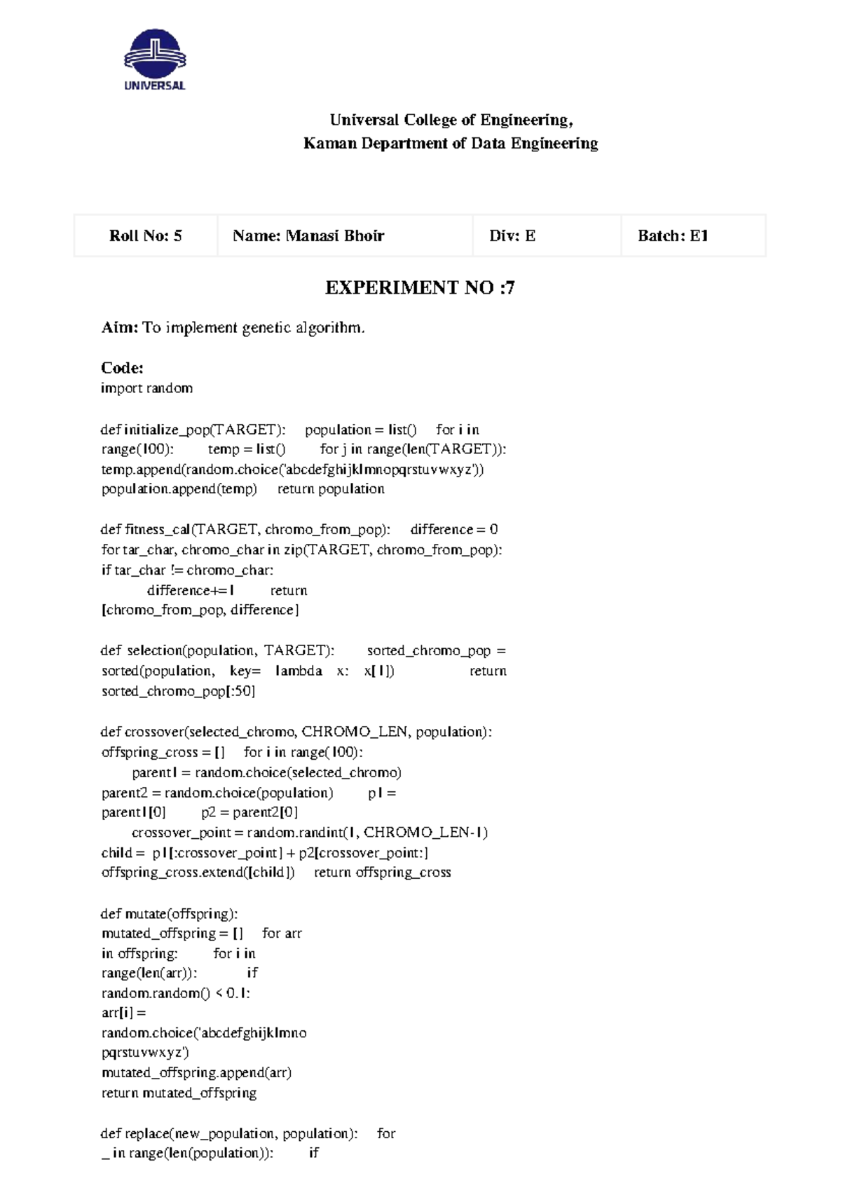 AI Experiment 7: Implementing Genetic Algorithm - M Code Notes - Studocu