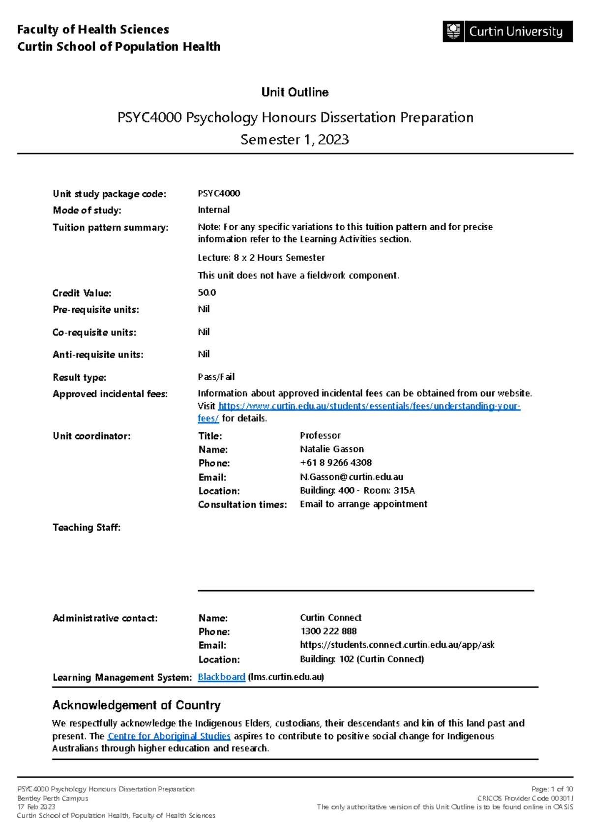 PSYC4000 Psychology Honours Dissertation Preparation Unit Outline S1 ...