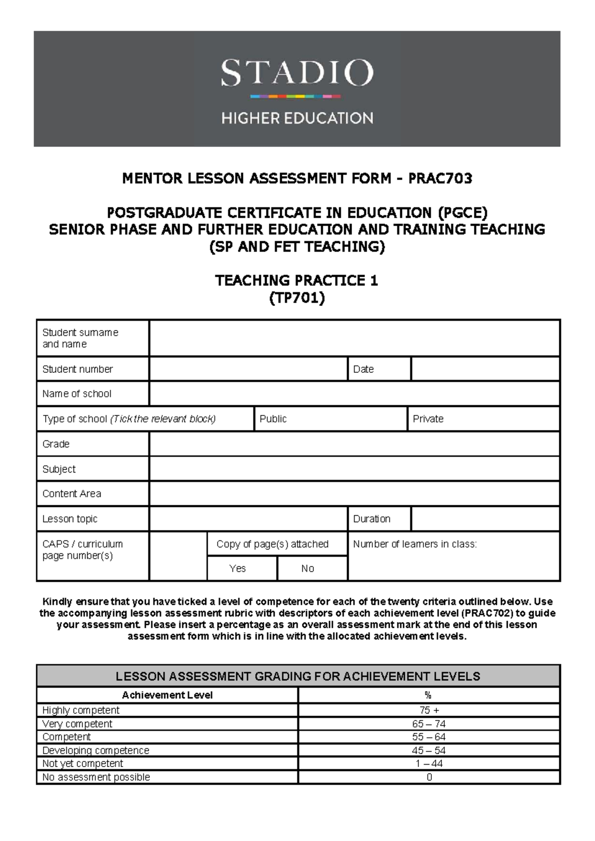 TP701 - PGCE Mentor Lesson Assessment Form for Teaching Practice 1 ...