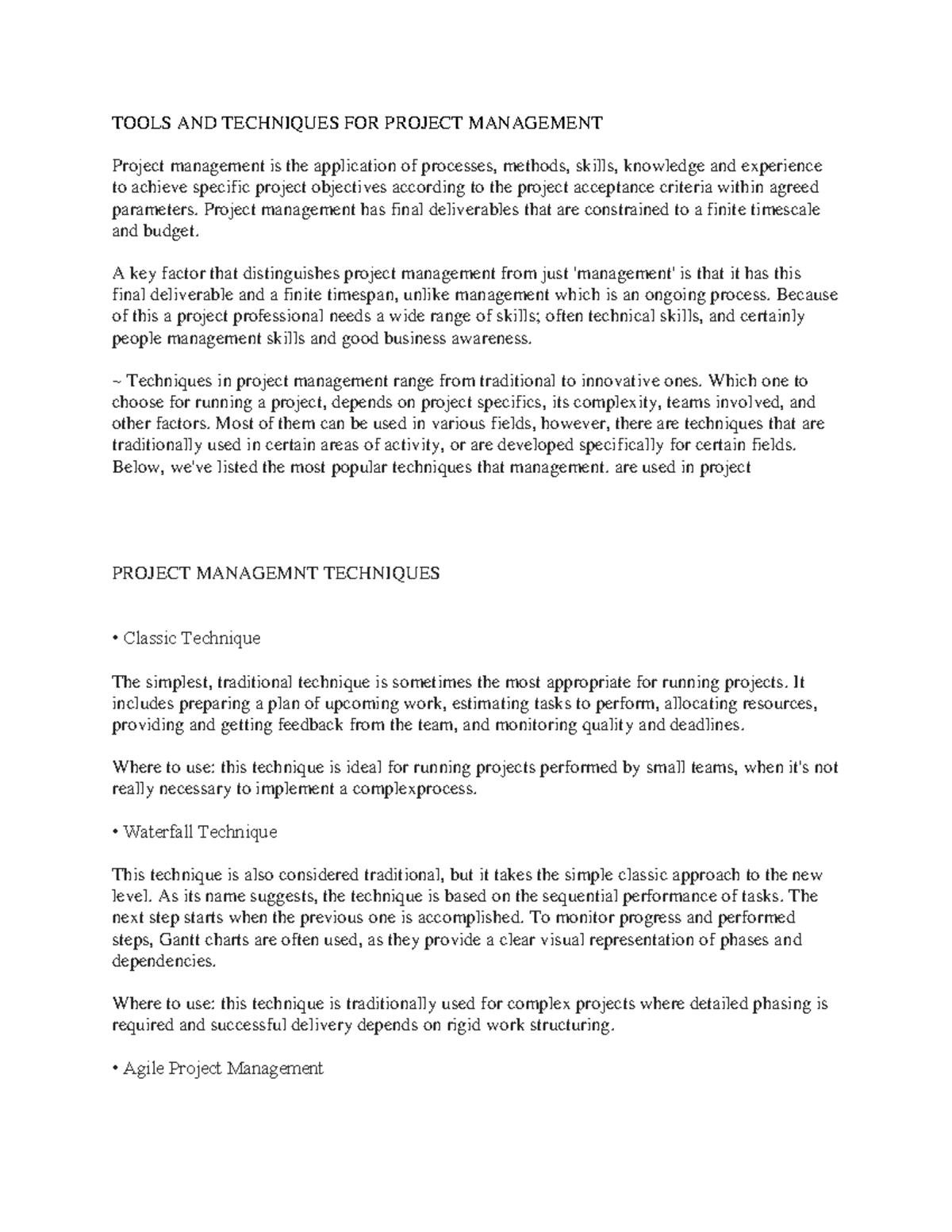 Tools and Techniques of Project Management - TOOLS AND TECHNIQUES FOR ...
